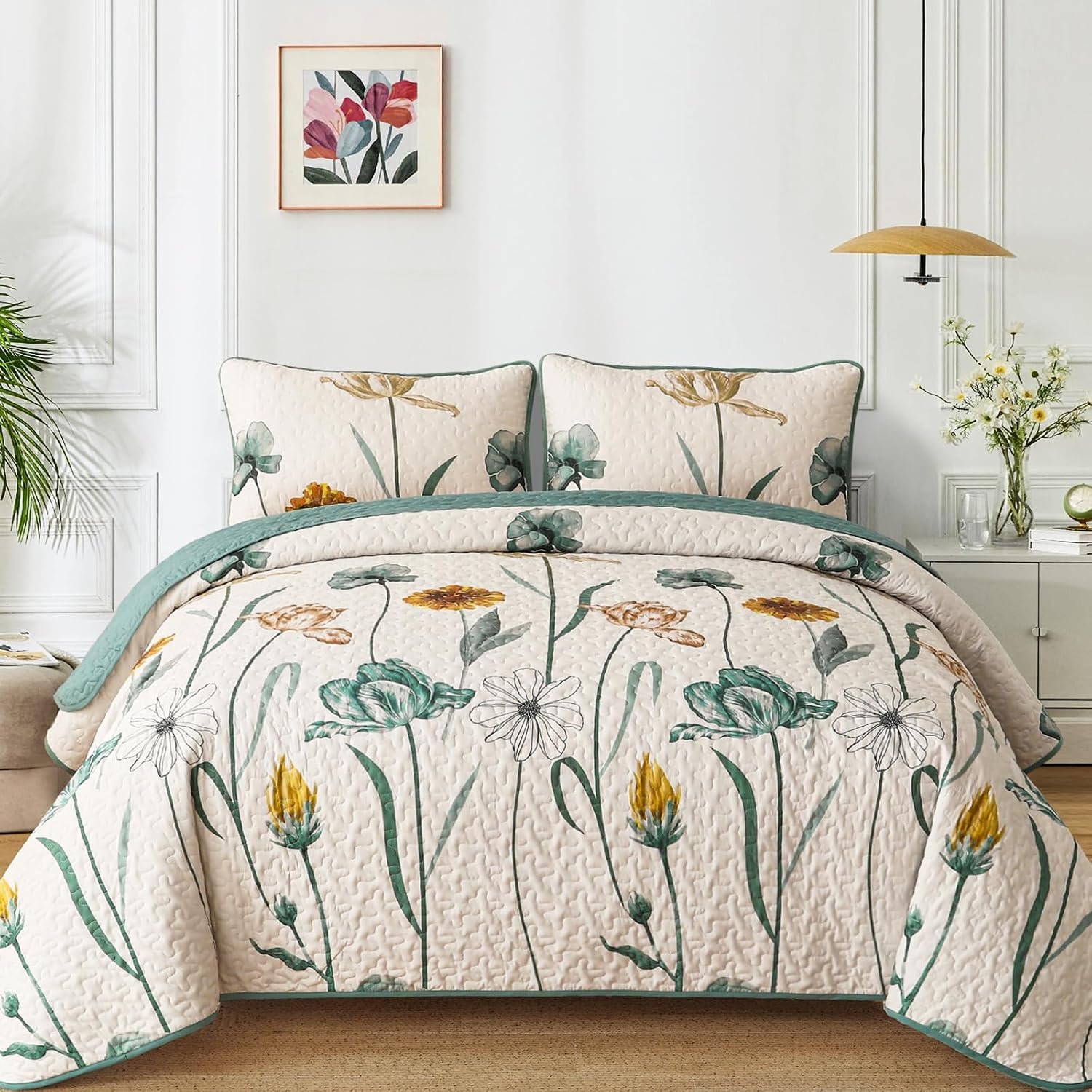 WONGS BEDDING Floral Quilt Set Queen Size,Aqua Botanical Coverlet | Farmhouse Floral Bedspread, Lightweight Soft Summer Coverlet with Green & Yellow Flowers for Women Teen Girls (96″x90″)