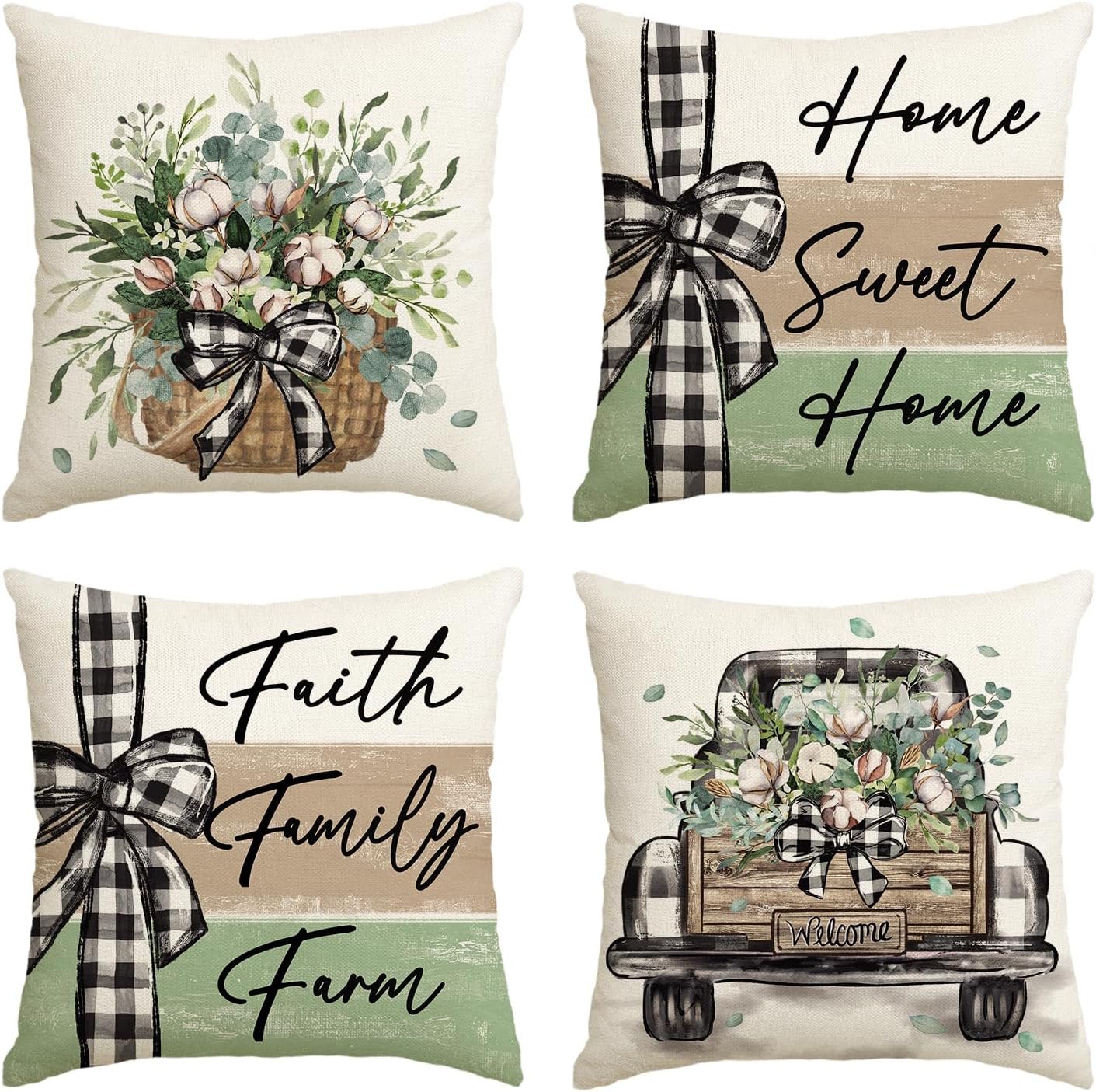 AVOIN colorlife Home Sweet Home Farmhouse Eucalyptus Leaves Throw Pillow Covers, 18 x 18 Inch Truck Stripes Buffalo Plaid Cushion Case Decorations Set of 4