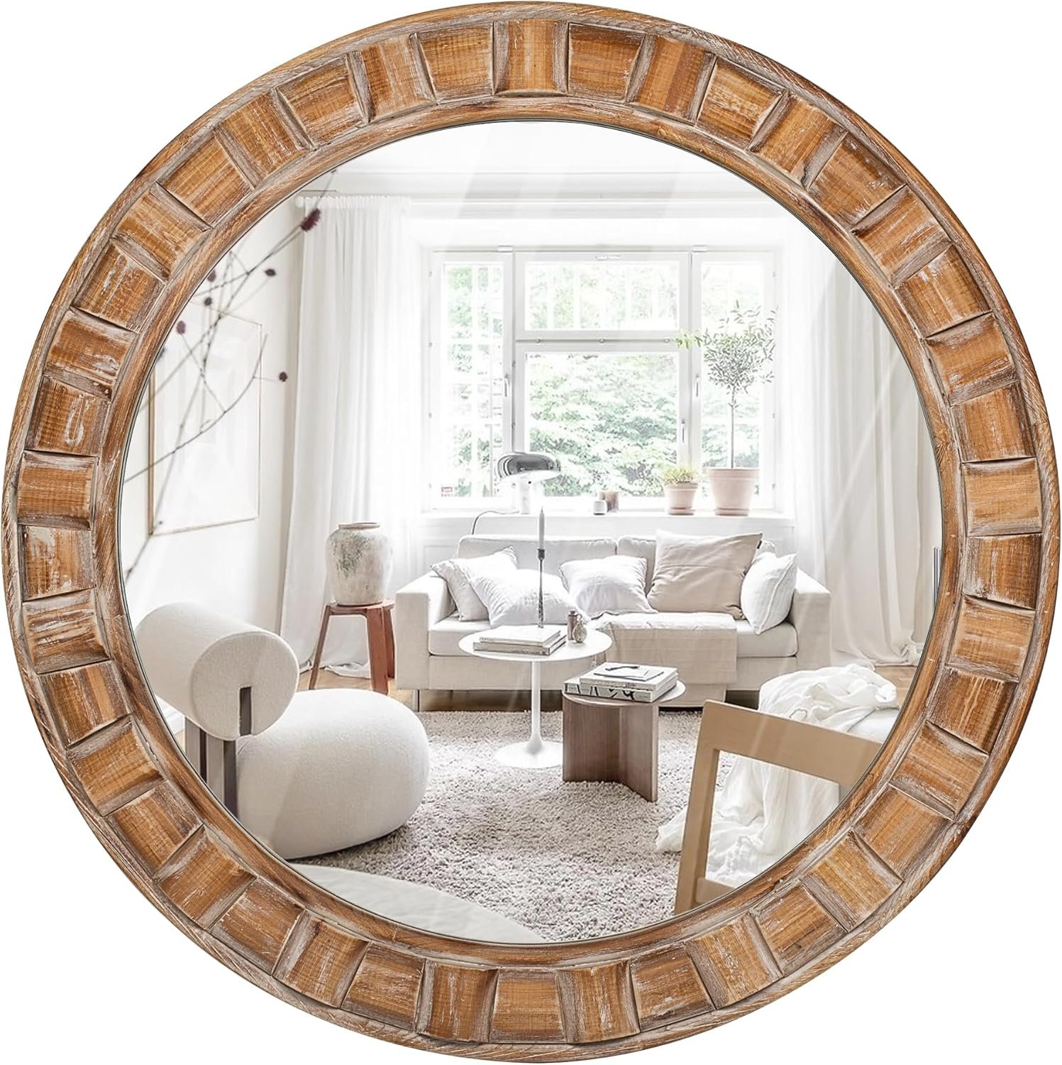 30 Inch Brown Solid Wood Round Wall Mirrors | Decorative Circle Mirror for Bathroom, Bedroom, Living Room, Hallway, Foyer, Entryway