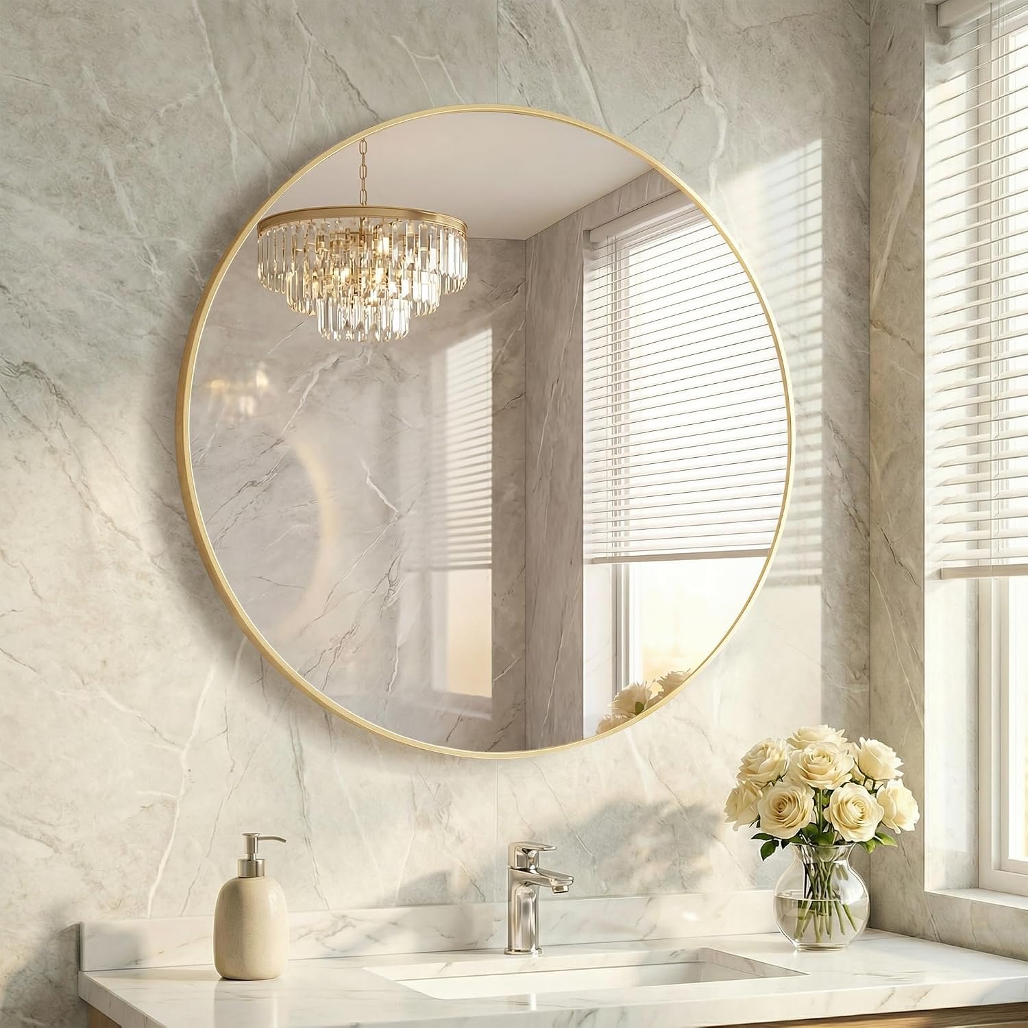 36 Inch Gold Round Bathroom Wall Mirror, Round Mirrors for Wall Decor, Circle Mirror for with HD Shatter-Proof Glass for Entryway, Living Room, Bedroom, Dressing Room, Home Decor