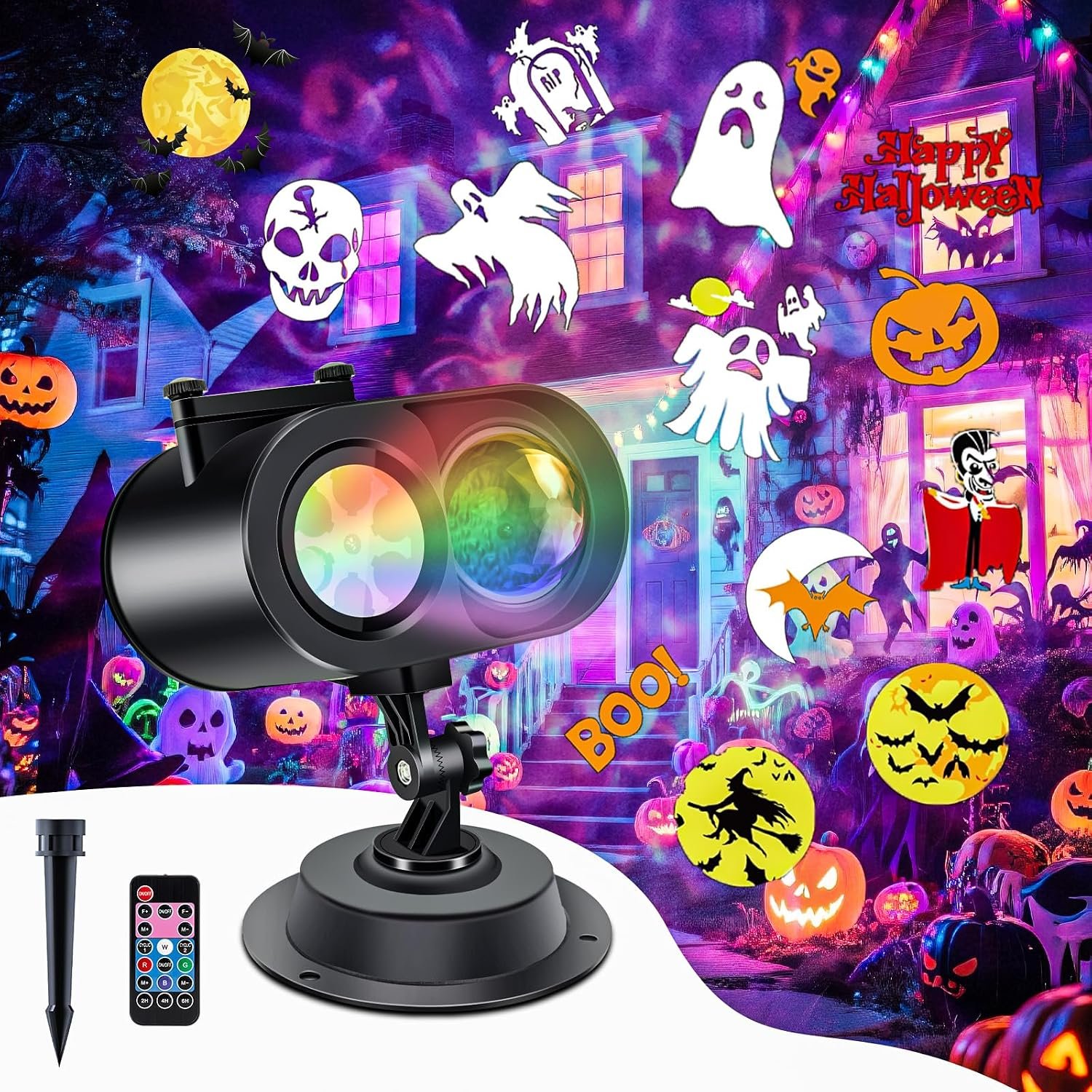 Holiday Projector Lights Outdoor, 2-in-1 HD Moving Pattern Holiday Projector Lights with Remote Control (12 Slides, 15 Colors), Three Fixing Methods, IP65 Waterproof Atmosphere Decoration with Timer
