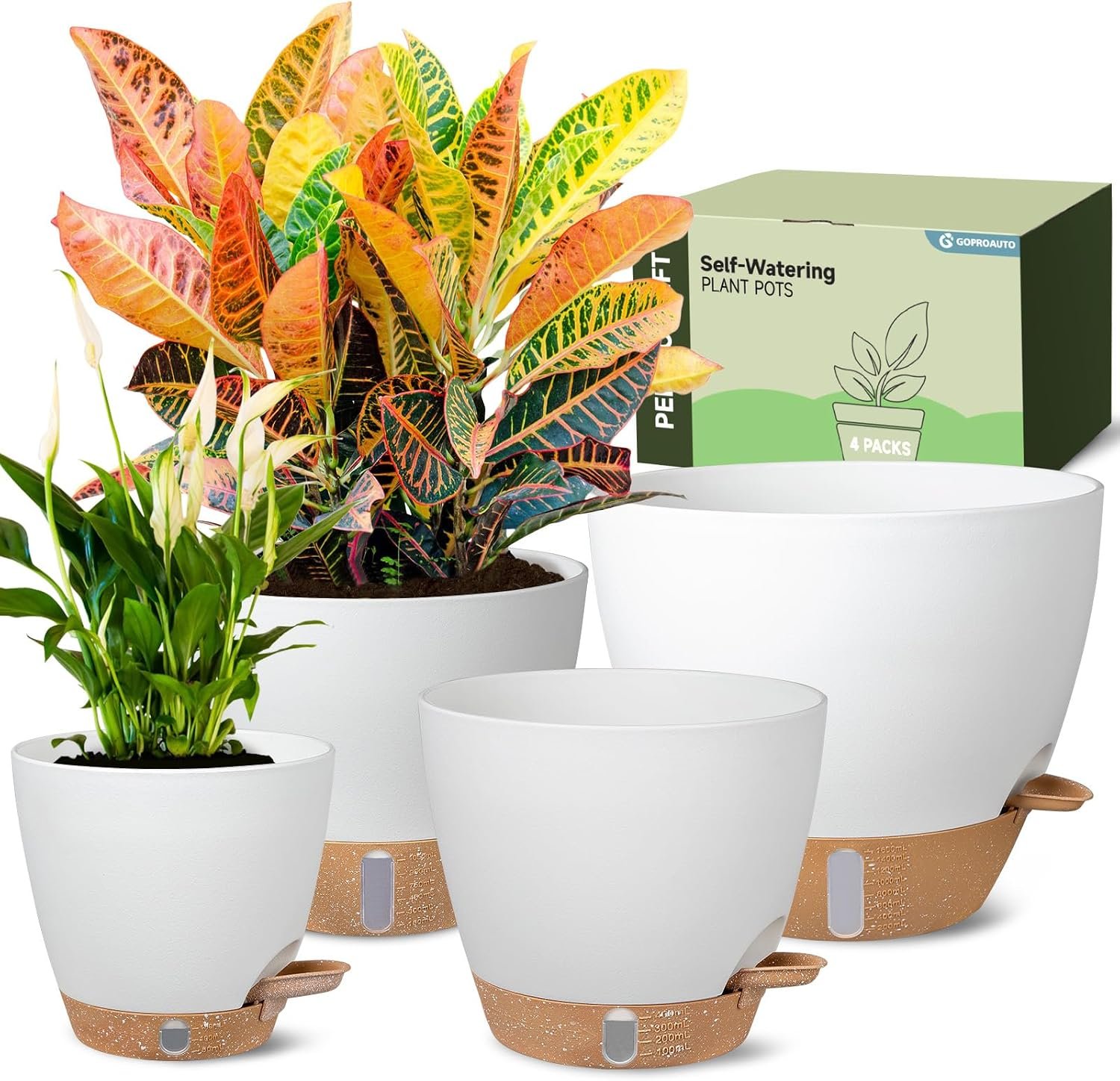 Self-Watering Pots for Indoor and Outdoor Plants 4 Pack, 6/8/10/12 Inch Planters with Water Level Indicator & Deep Reservoir, Decorative Flower Pots for Home Decor