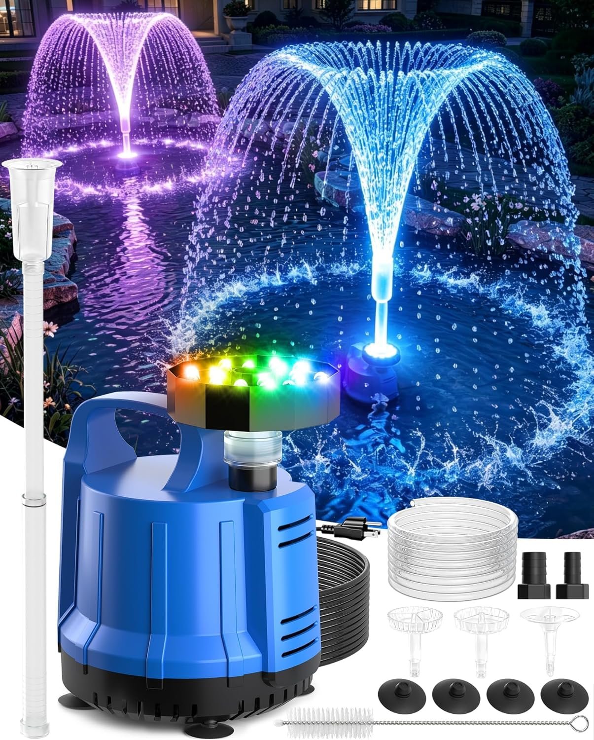2-in-1 Pool Cover Pump with Fountain Lights, Submersible Water Pump Swimming Water Removal Pumps, Pond Pump and Fountain Pump Kit, Sump Pumps for Pool Draining, Auto Water Sensor, 16ft Hose-Deep Blue