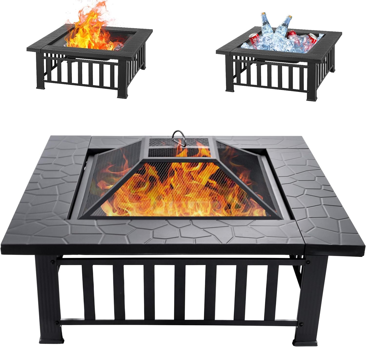 EcoNook 32 inch Fire Pit, Square Outdoor Fire Pit Table with Spark Screen & Fire Poker, 3-in-1 Multipurpose Firepits for Outside, Fireplace for Yard, Garden, Patio