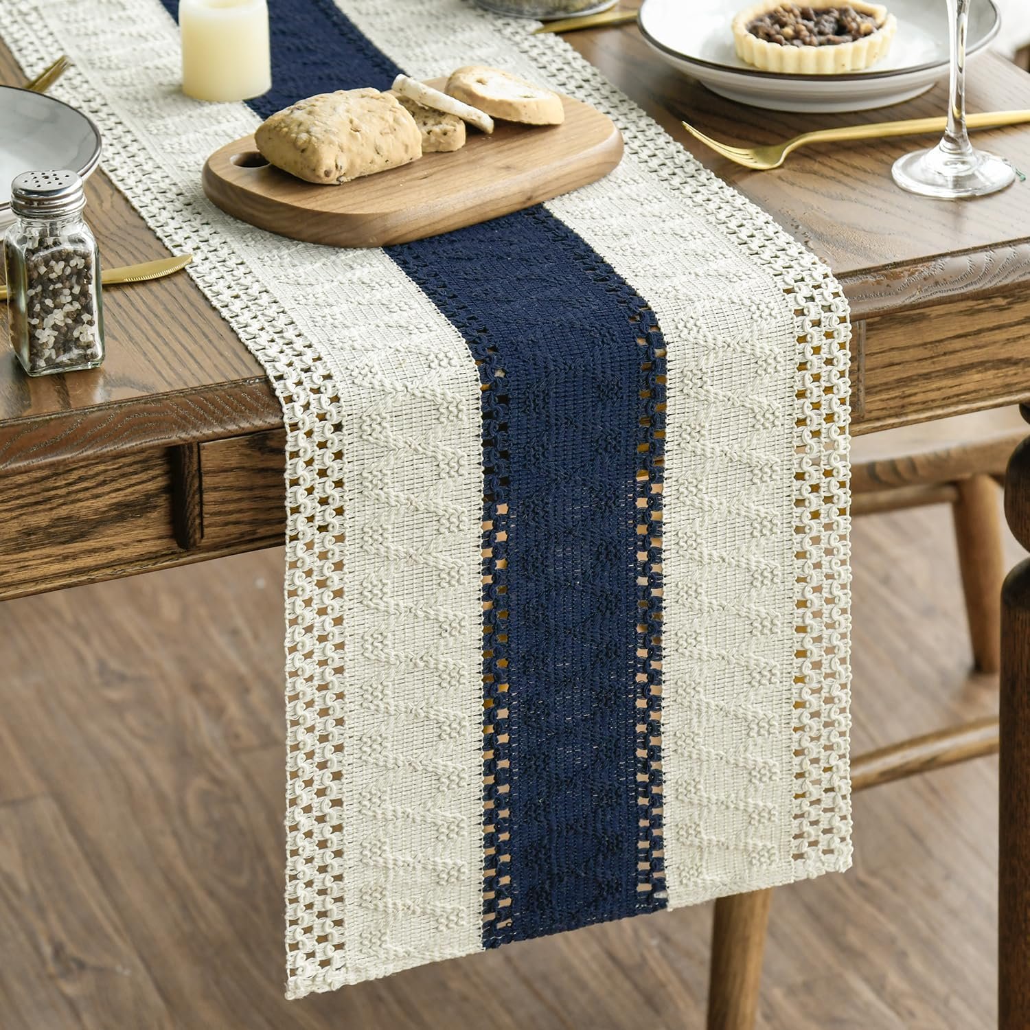 Artoid Mode Dark Blue Farmhouse Rustic Table Runner 12×72 Inch | Seasonal Holiday Hollow Kitchen Dining Dresser Table Decoration for Home Party Decor, Macrame Cotton Blend
