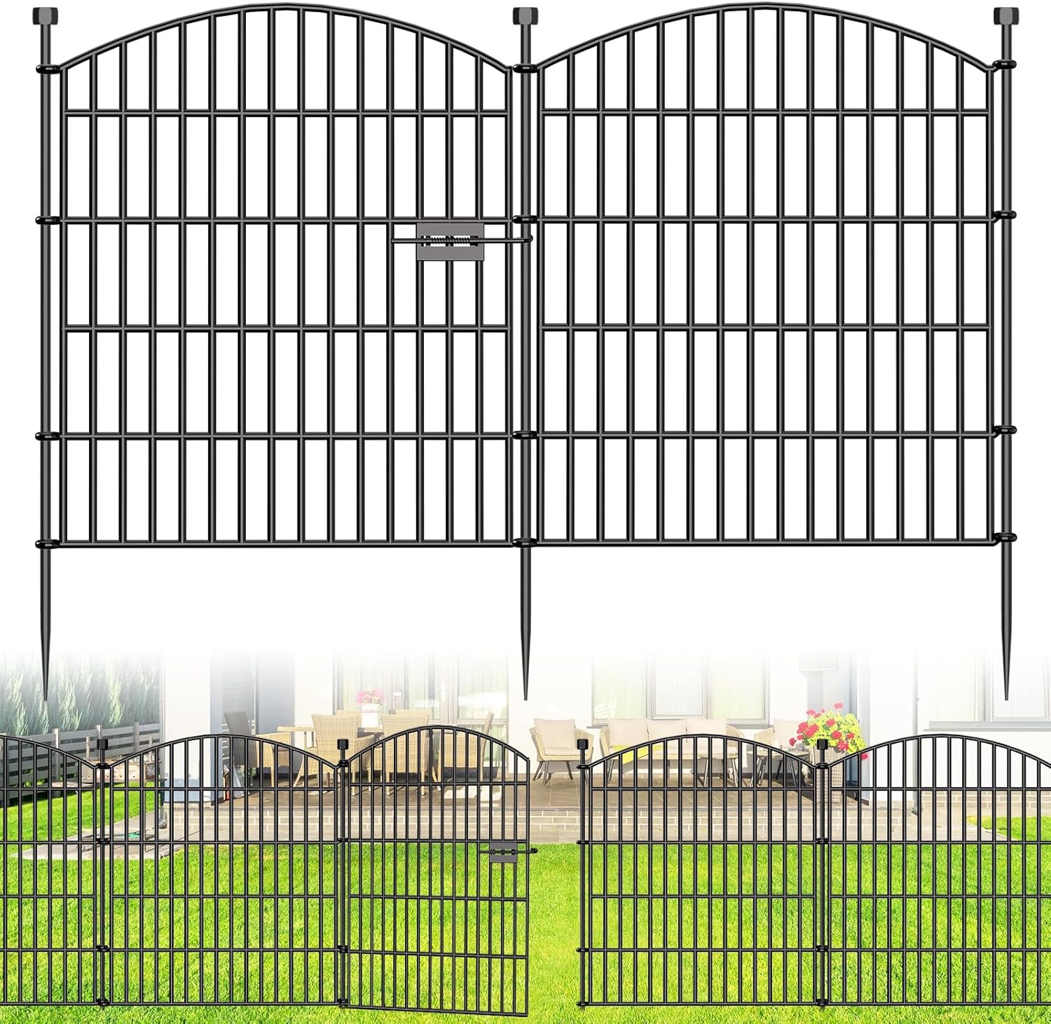 10 Panel No Dig Decorative Garden Fence with Gate 32″H x 23.6’L Dog Barrier | Rustproof welded Metal with deep stakes for outdoor yards, patios. Modular design contains pets, rabbits, small animals.