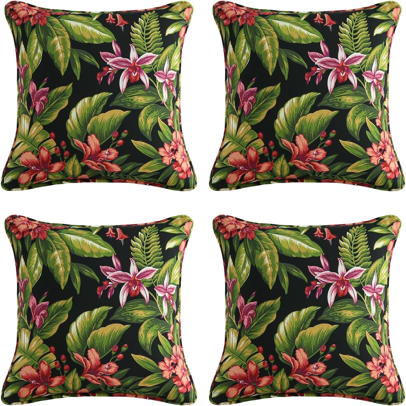 Outdoor Decorative Pillows Pack of 4, 18″ x 18″ Outdoor Pillow Set for Couch Bed Throw Patio Sofa, Red Flower Green Leaf