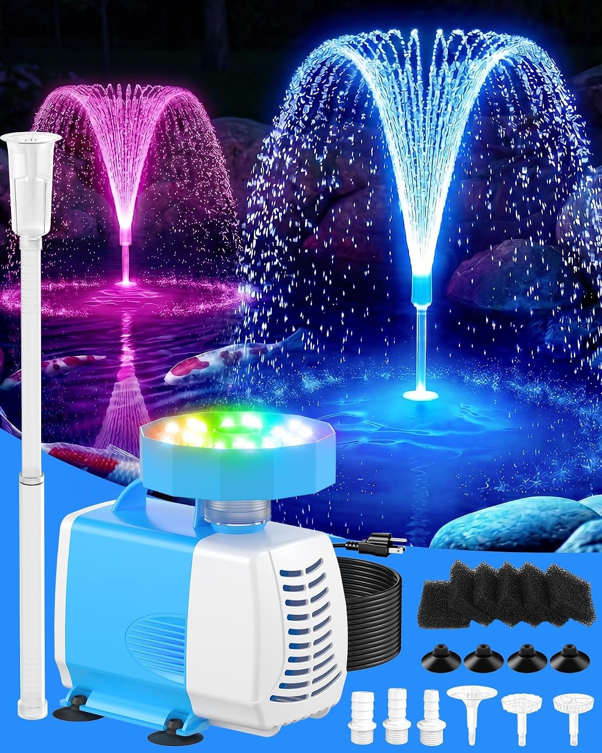 3-in-1 Submersible Pump RGB Pond Filter Kits, 2026 Upgraded Pond Filter Fountain with 7 Colorful Lights, Pond Fountain Pump with 3 Spray Modes, 660GPH Submersible Water Pump for Pond, Fish Tank-blue