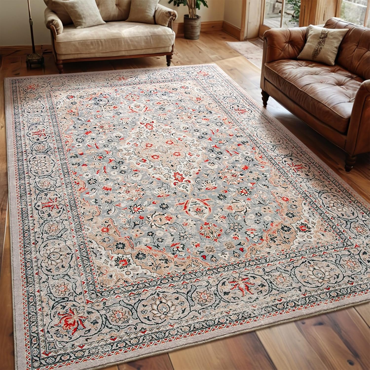 Goideal Washable Rug 4×6, Beige Area Rugs Non Slip, Indoor Low Pile Carpet with Rubber Backing for Living Room Kitchen Bathroom Entryway Office Bedroom