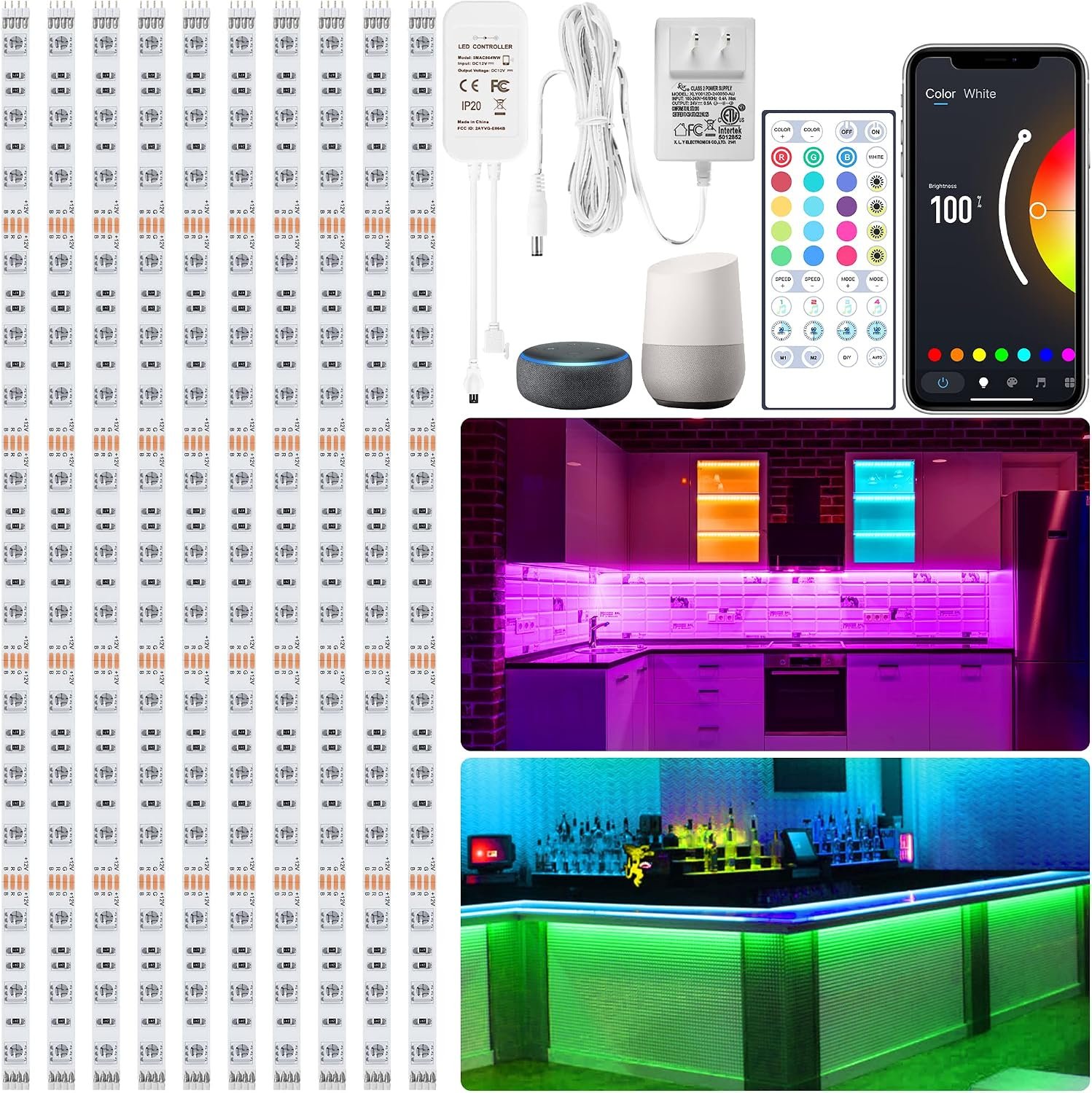 maylit 10 PCS 20in Smart RGB Under Cabinet Lights Kit | Works with Alexa & Google Assistant, App Remote Control, Music Sync, Timer, Dimmable, Ten 20in Bars