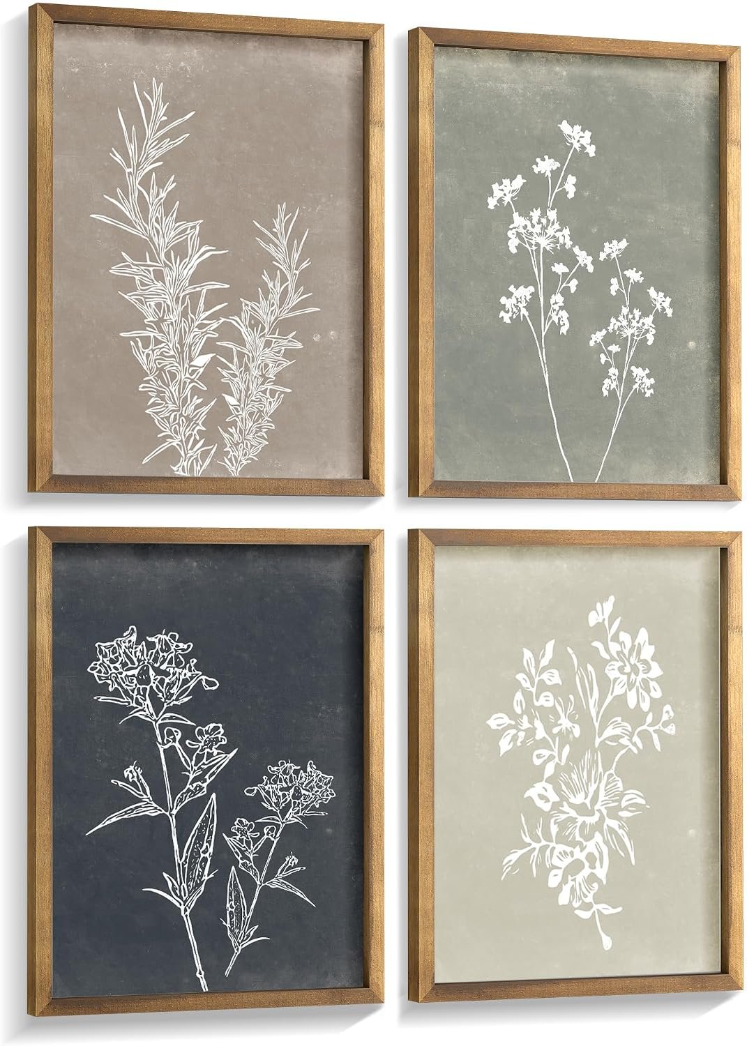 Liswit Framed Boho Wall Art Set of 4 for Wooded Minimalist Botanical Print Wall Art for Rustic Vintage Farmhouse Home Kitchen Wall Decor (Brown, 8″x10″)