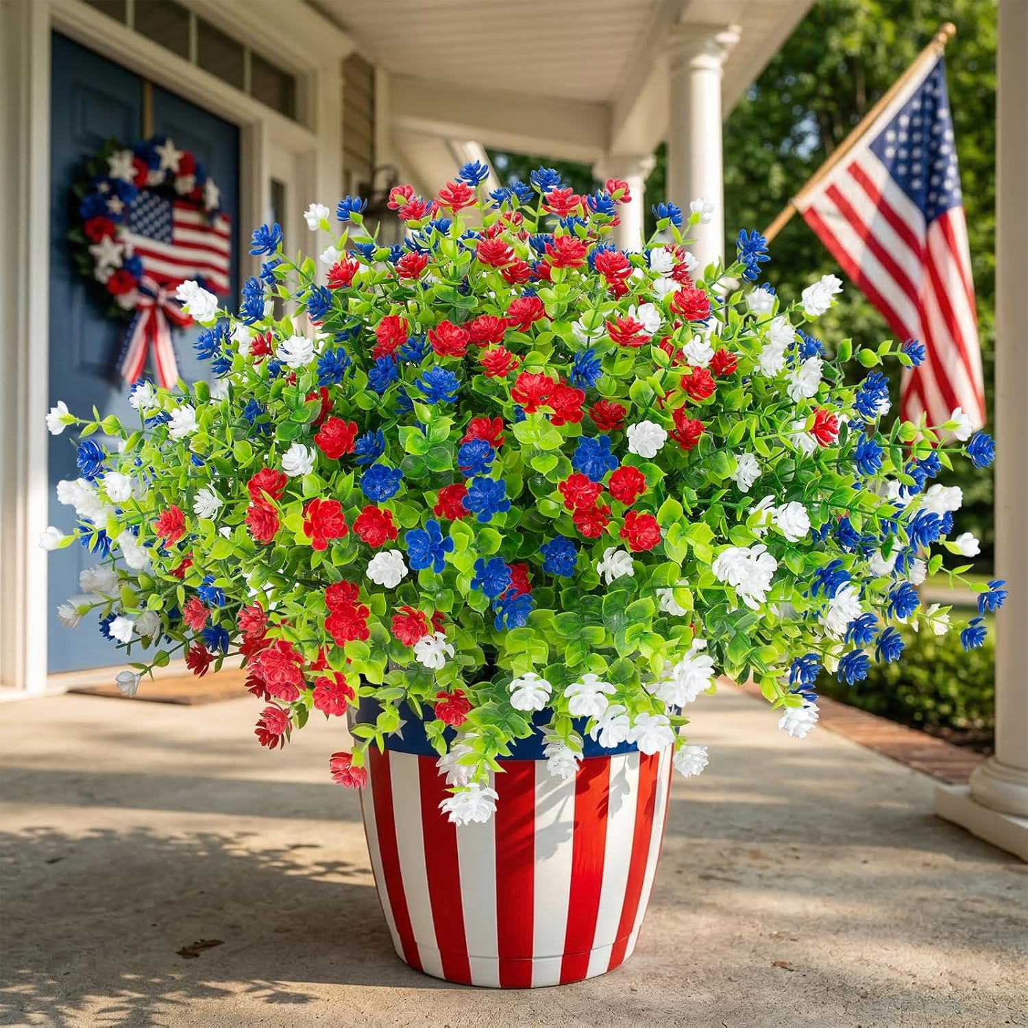 Hananona 12 Pcs Artificial Flowers Outdoor, Faux Artificial Plants UV Resistant Plastic Patriotic Flower Bulk for 4th of July Hanging Planter Porch Window Home Summer Decor 12, Red, White, Blue