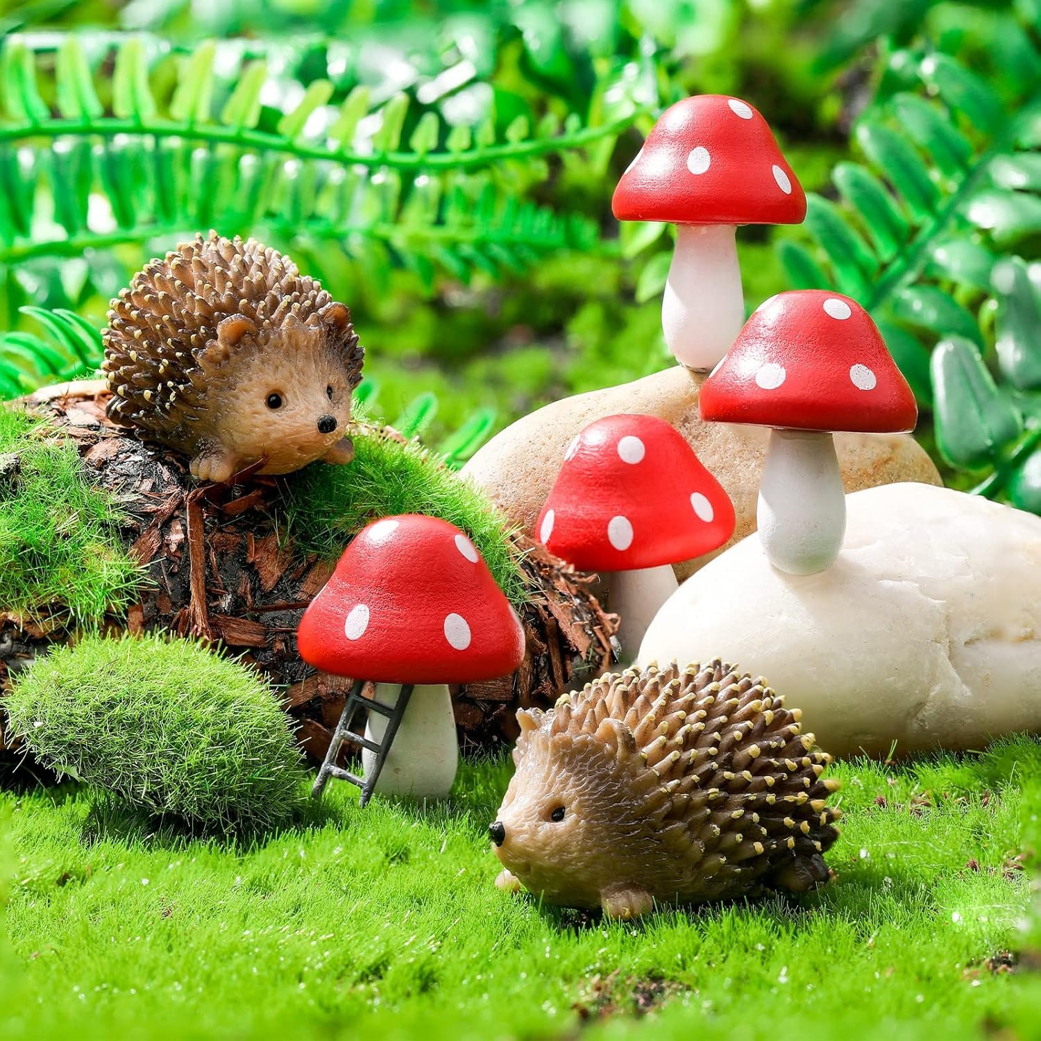 Queekay Fairy Garden Hedgehog Miniature Figurines, Resin Mushroom Decor | Hedgehog & Mushroom Set, Plant Pot Bonsai Accent, Miniature Fairy Garden Figurines, Resin Craft, Indoor Outdoor Scene