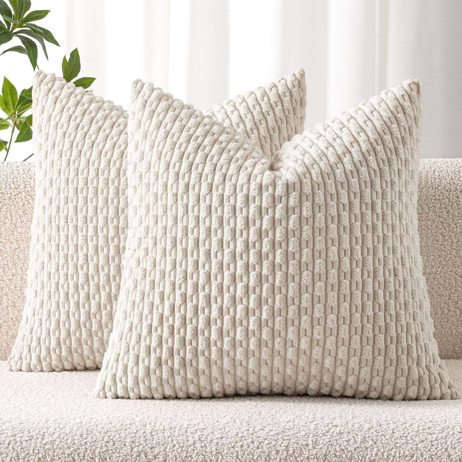 MIULEE Decorative Throw Pillow Covers 18×18 Cream White Textured Corduroy | Pack of 2 Striped Pillow Covers Modern Farmhouse Home Decor for Couch Bed Sofa Living Room