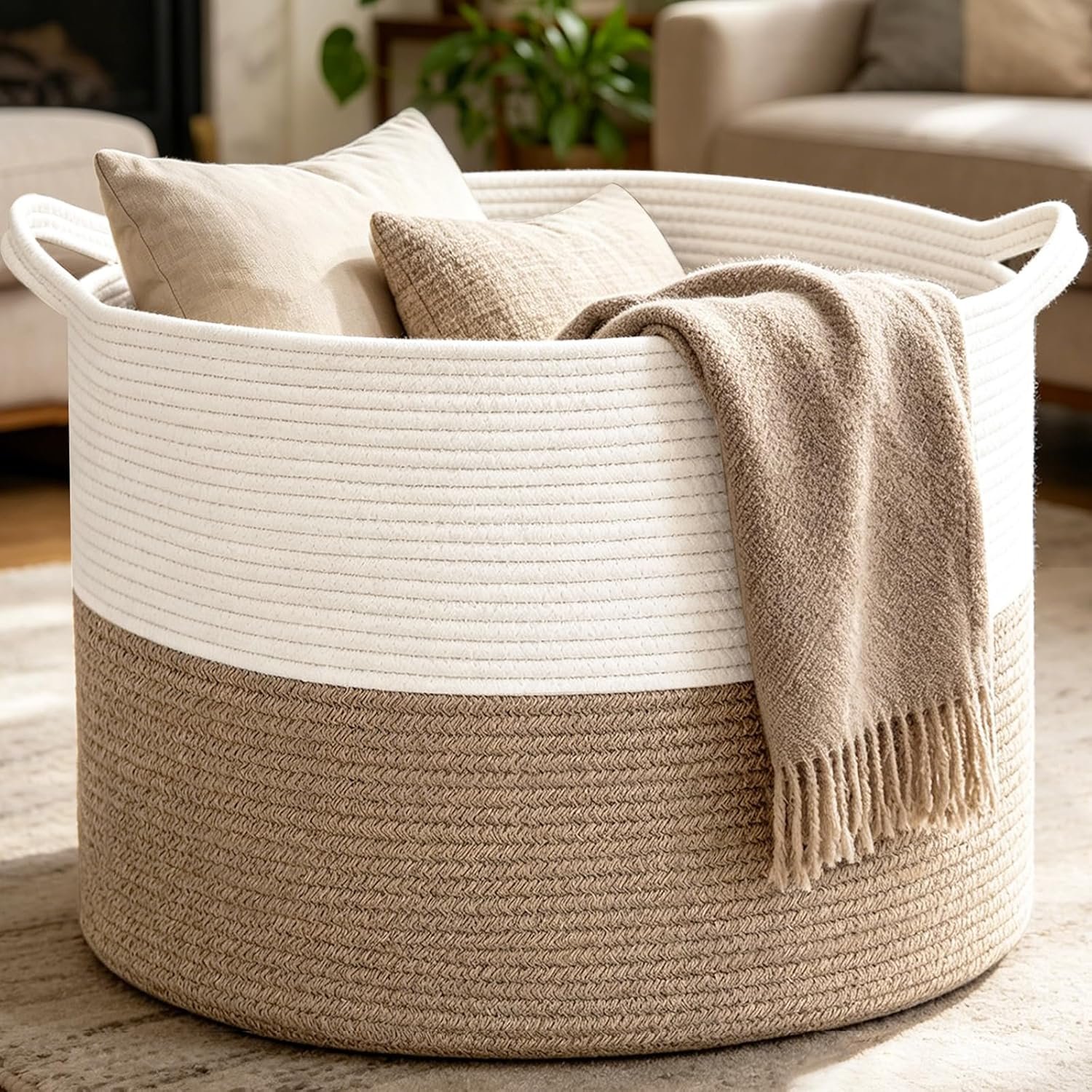 Large Woven Blanket Basket,65L Cotton Rope Laundry Basket | Collapsible Nursery Storage Bin with Sturdy Handles for Clothes, Toys, Pillows, Living Room Bedroom Bathroom – White & Brown