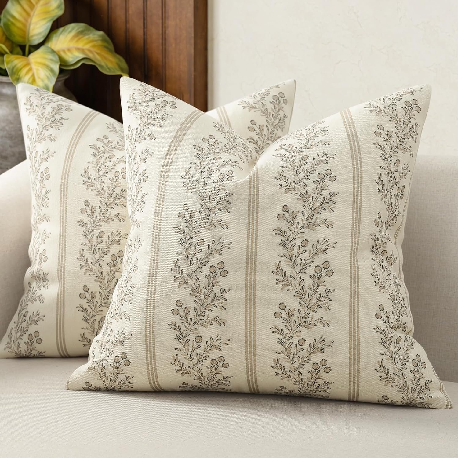 Vintage Throw Pillow Covers 18×18 Set of 2, Striped Floral Pillow Cover Botanical Patterned Decorative Cushion Covers Modern Farmhouse Home Decor for Sofa Couch Bed Living Room, Light Brown
