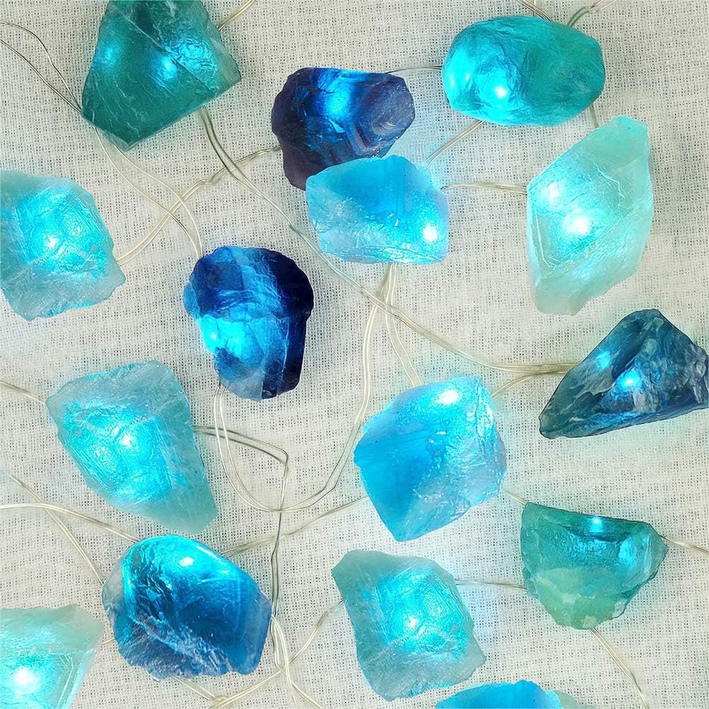 BOHON Natural Fluorite String Lights Battery Operated with Remote Timer | Sea Glass Raw Stones Decorative Lights 6.5ft 20 LEDs Beach Decor for Bedroom Party Indoor Christmas Wedding