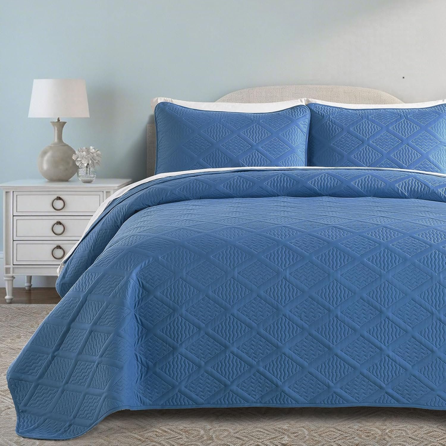 Yiran Grayish Blue Quilt Set Queen Size, Summer Lightweight Bedspreads Bedding Set, Reversible Chic Diamond Pattern Coverlet with 2 Pillow Shams for All Season 96×90 Inch