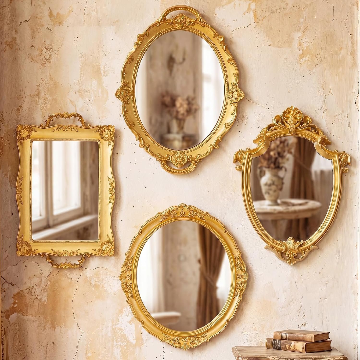 Beeveer 4 Pcs Vintage Gold Wall Mirror Set Luxury Gallery Wall Mirror Decorative Hanging Antique Decor for Living Room Entryway Wedding Bedroom Bathroom Victorian Decor (Classic,Gold)