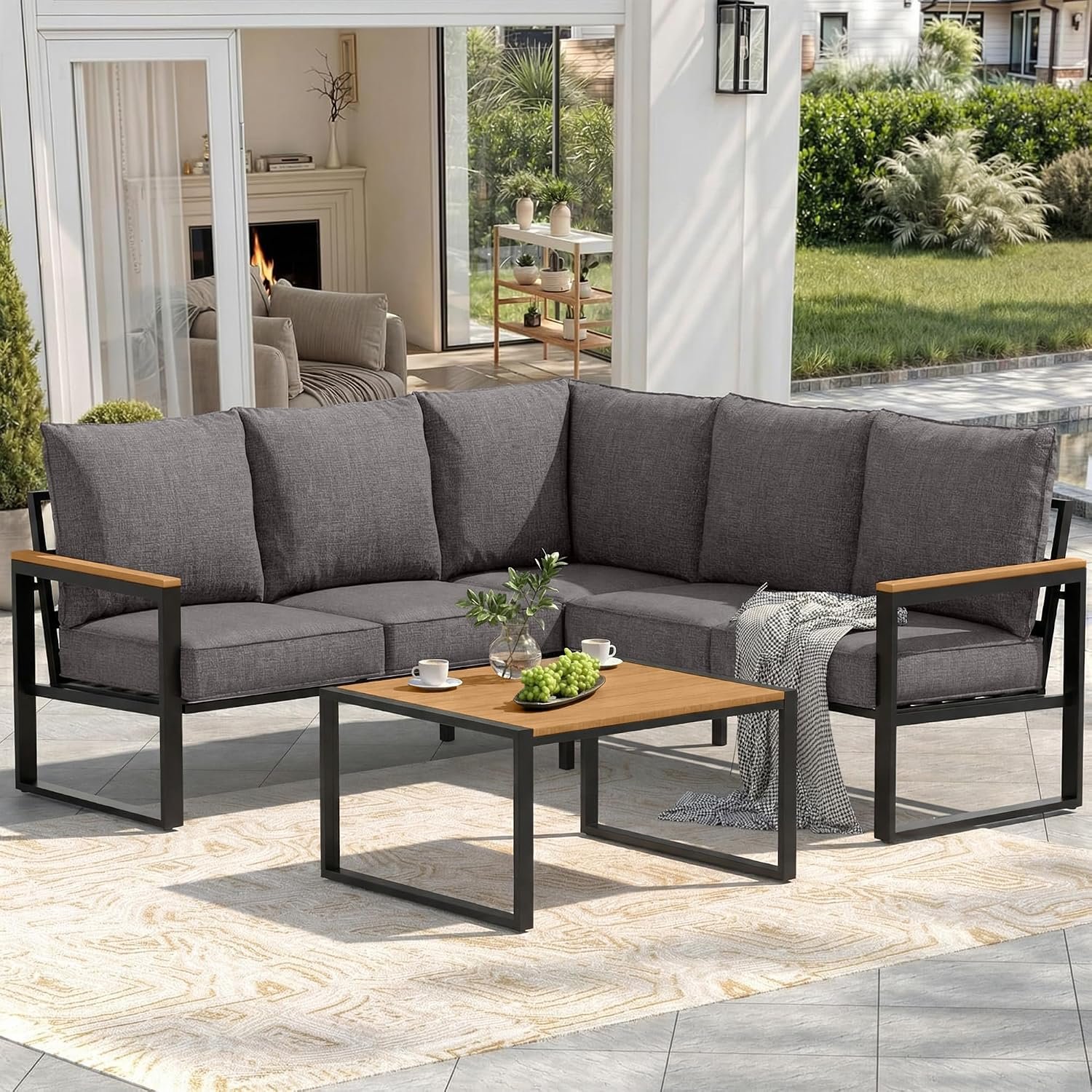 6 Pieces Metal Outdoor Sectional, Patio Conversation Set,Grey | 350lbs, Water Resistant Fabric, Removable Cover, Faux-Wood Tabletop, Ideal for Backyard, Porch,Garden,Deck, 5 Inch Cushions