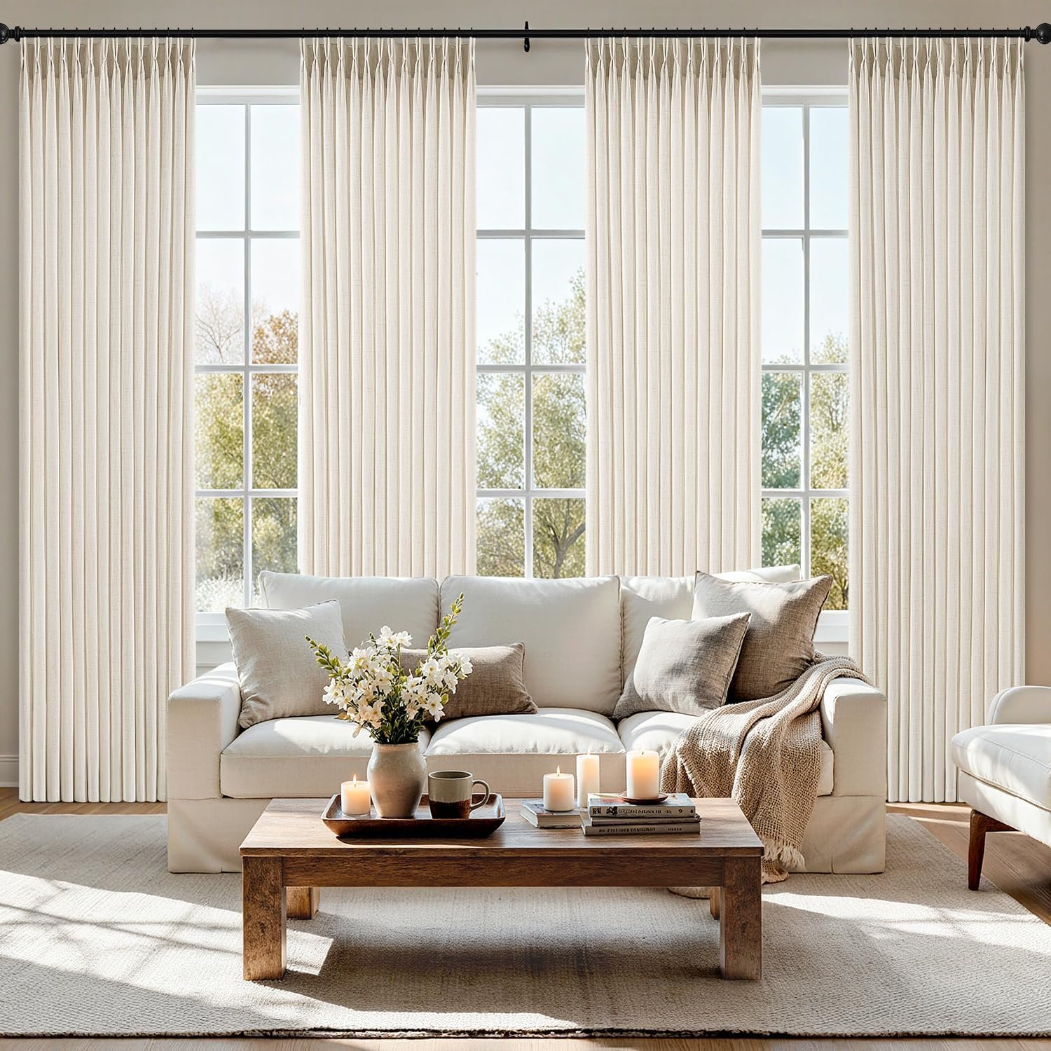 MIULEE Pinch Pleated Thick Linen Curtains 40×90 Inches Birch 4 Panels Set | Ivory Cream, Back Tab, Memory Trained, Pinch Pleat, Semi Sheer, Light Filtering Curtains, Living Room Bedroom Window Drapes