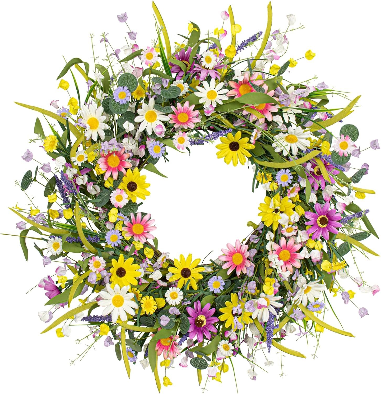 Yawwind 22 Inches Summer Wreaths for Front Door Spring Flower Wreaths Summer Door Wreath Colorful Wildflower Wreath with Daisy Lavender for Window Indoors Outdoor Decor