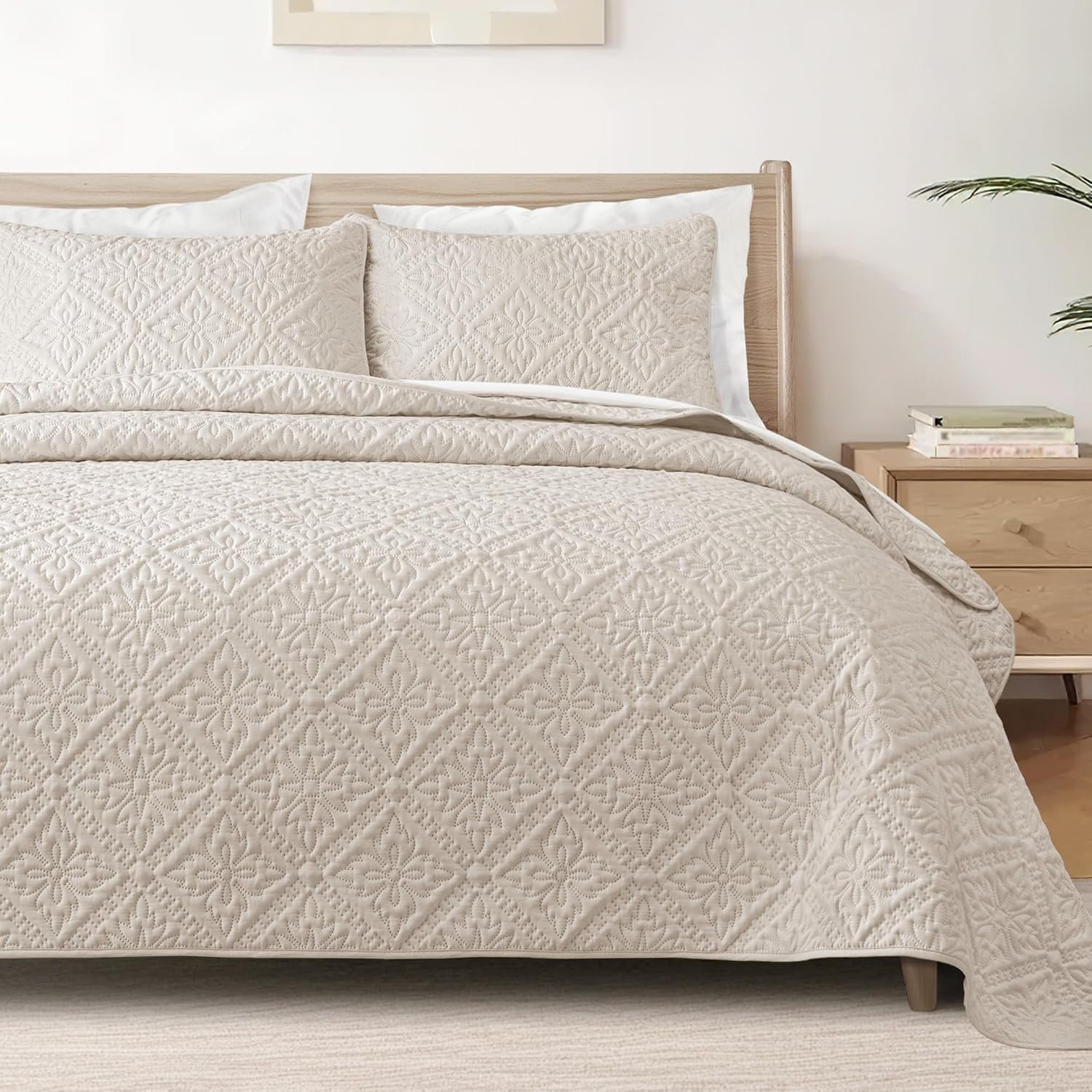 Exclusivo Mezcla Full Queen Quilt Set, Brich Beige | Lightweight Soft Bedspreads Coverlets, All Season Bedding with 2 Pillow Shams, Modern Style for Bedroom Guest Room