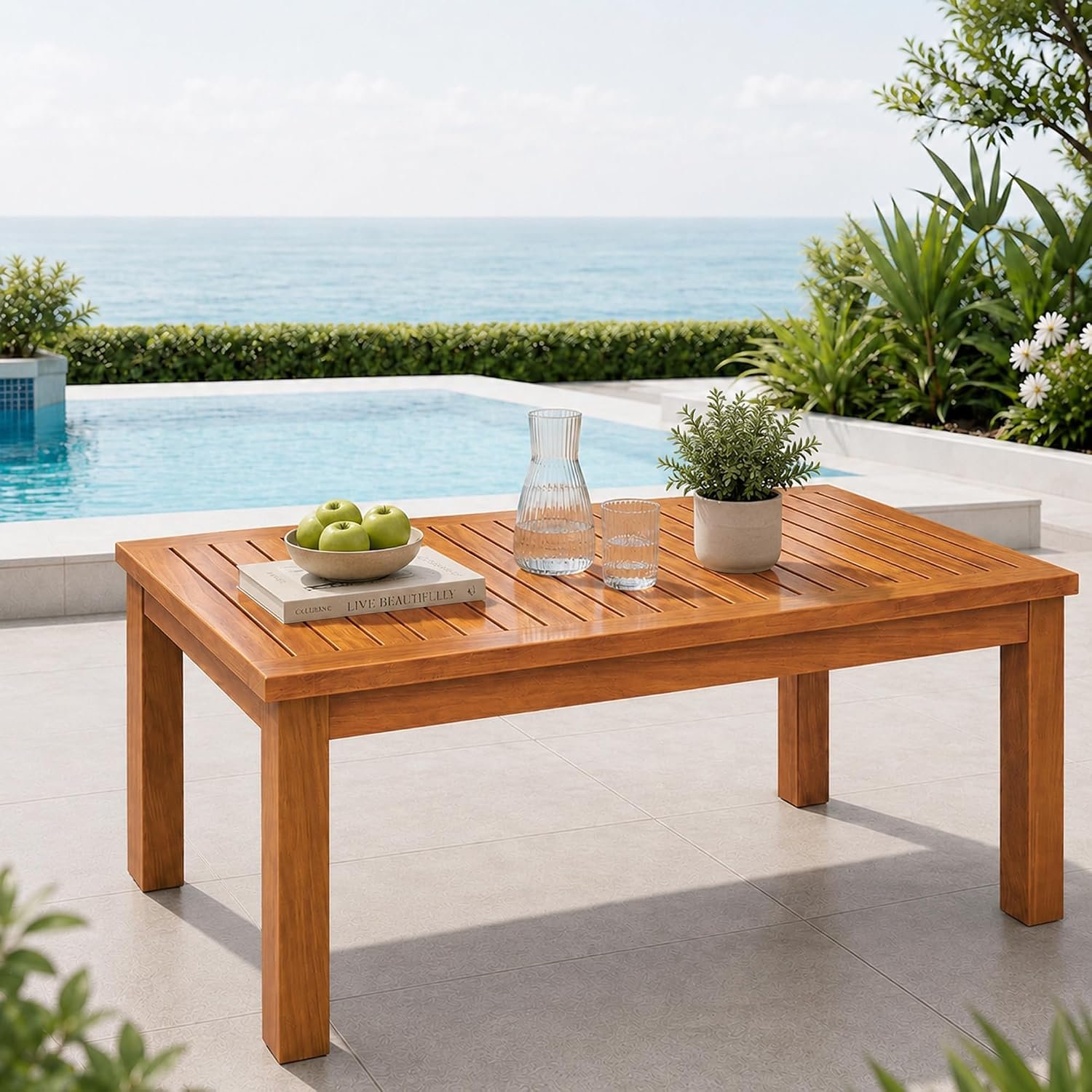 Outdoor Teak Coffee Table, Wooden Patio Coffee Table with Protective Cover, 100% Teak Wood, Solid Teak Outdoor Coffee Table for Patio, Garden, Poolside, Balcony and Backyard