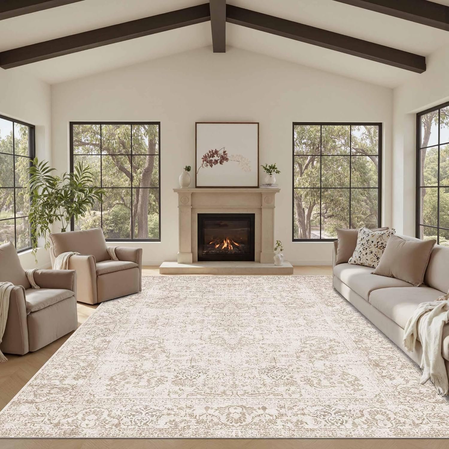 8×10 Area Rugs,Neutral Large Rugs for Living Room(Beige Brown) | Machine Washable,Soft,Non-Slip,Large Rug,Stain Resistant Low Pile Carpet for Office Dining Room Kitchen Home Deco