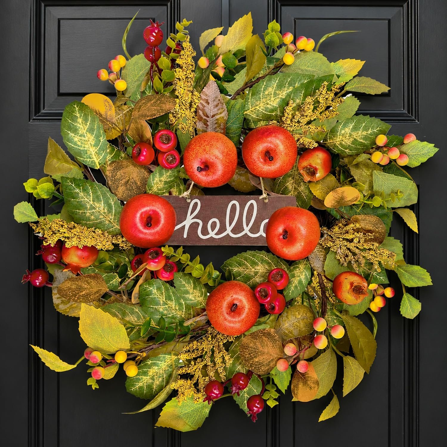 24 Inch Fall Wreaths for Front Door, Autumn Rustic Harvest Apple Wreath | Handcrafted,Hello Wooden Sign,Twig Base,Mixed Berries,Farmhouse Decor,Indoor Outdoor,Thanksgiving Decor