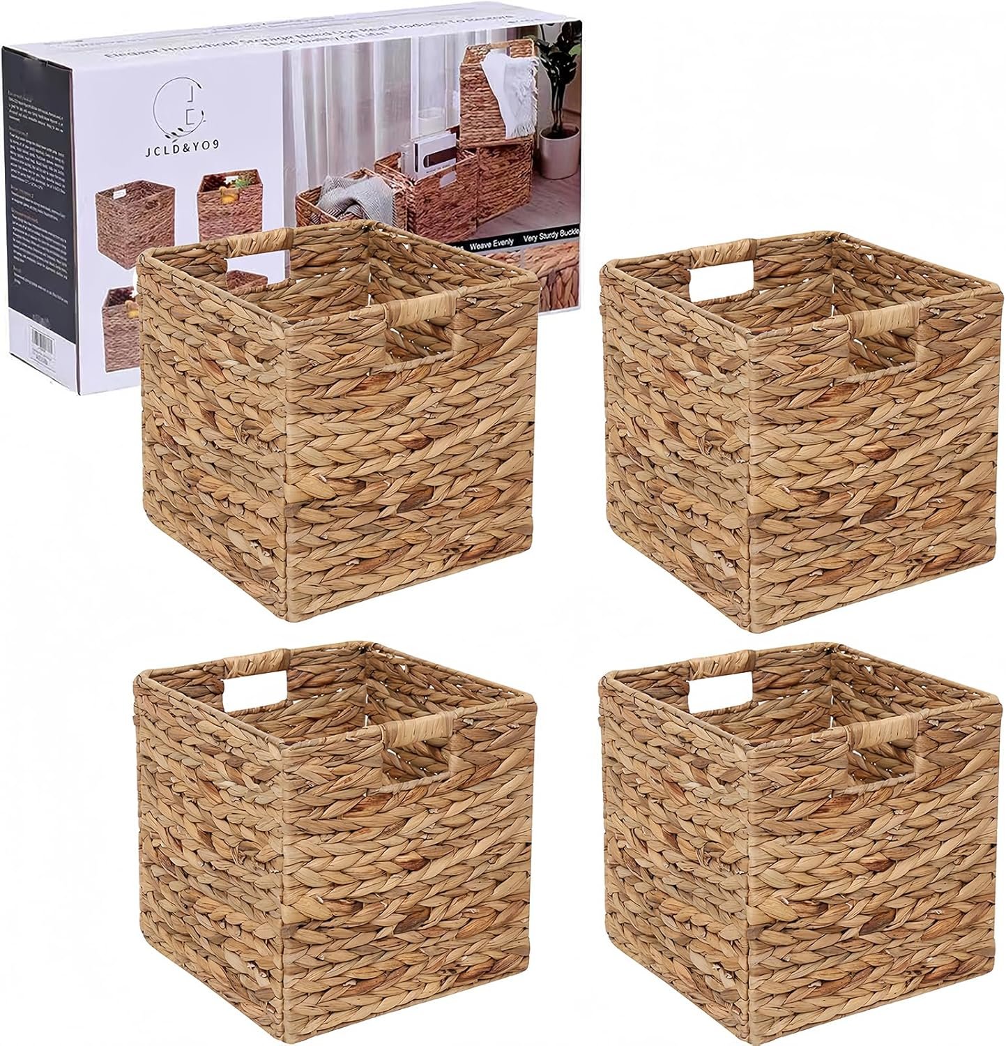 12x12in Storage Baskets 4 Pcs Water Hyacinth Baskets,Foldable Handwoven Storage Cubes