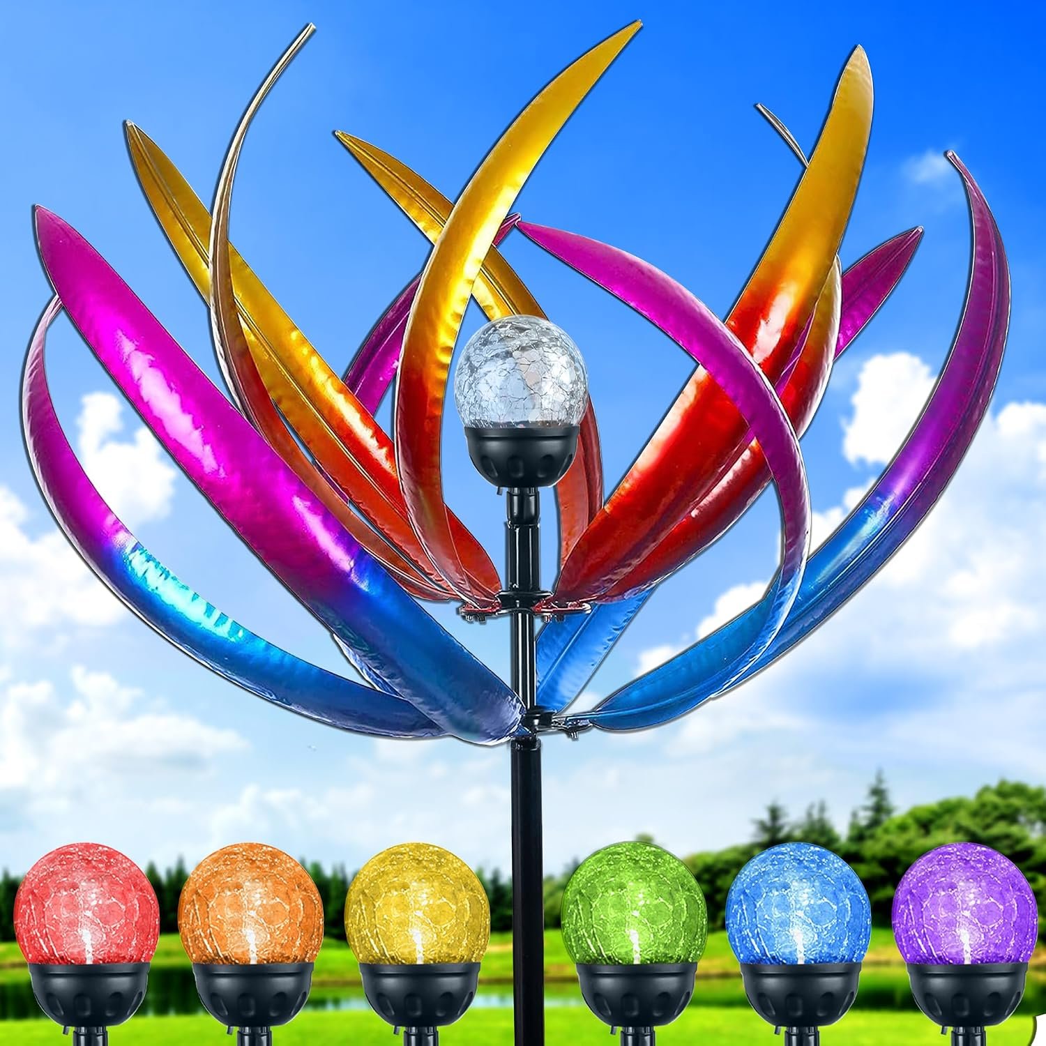 70 in Large Wind Spinners Outdoor, Solar Wind Sculpture, Purple | Metal Windmill with Solar Multi-Color Light, All Weather Decor , Ideal Yard Art for Garden, Backyard, Lawn & Outdoor Decor