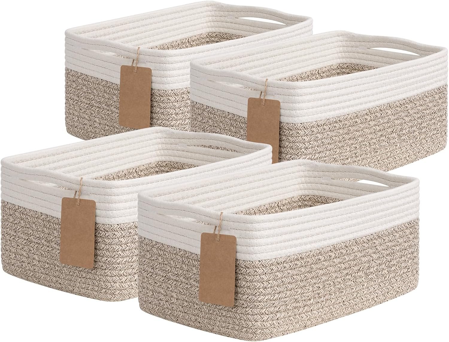 Goodpick 4 Pack Storage Baskets for Organizing Shelves, Light Brown & White | 13″ x 8″ x 6″ Woven Rope Baskets for Baby Toys & Diapers, Decorative Gift Basket for Home & Nursery, Rectangle Design