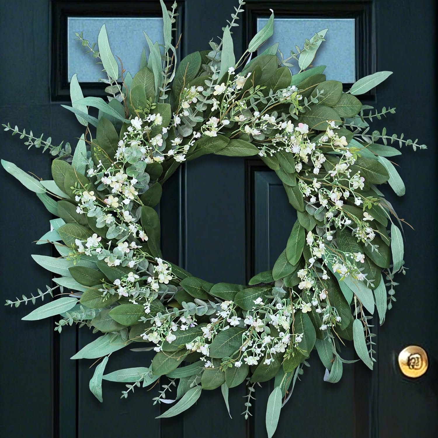 26″ Large Artificial Eucalyptus & Babys Breath Flowers Wreath (Green-White) | Fake 3 Different Shapes Leaves, for Front Door Window Farmhouse Home Outdoor Decor, Spring/Summer/All Seasons