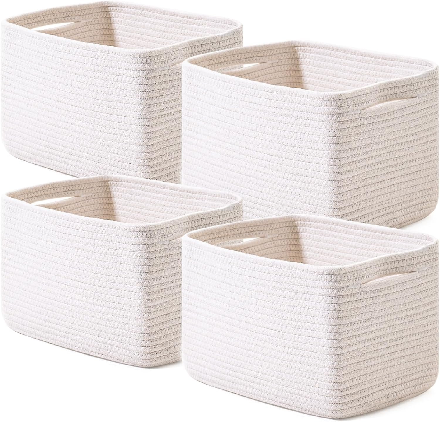 ICERZCZ Storage Baskets for Organizing 12.5″x9.1″x7.9″ (4 Packs) Off White | Storage Bin for Shelves, Woven Cotton Rope Basket with Handles for Bedroom Living Room Nursery Bathroom