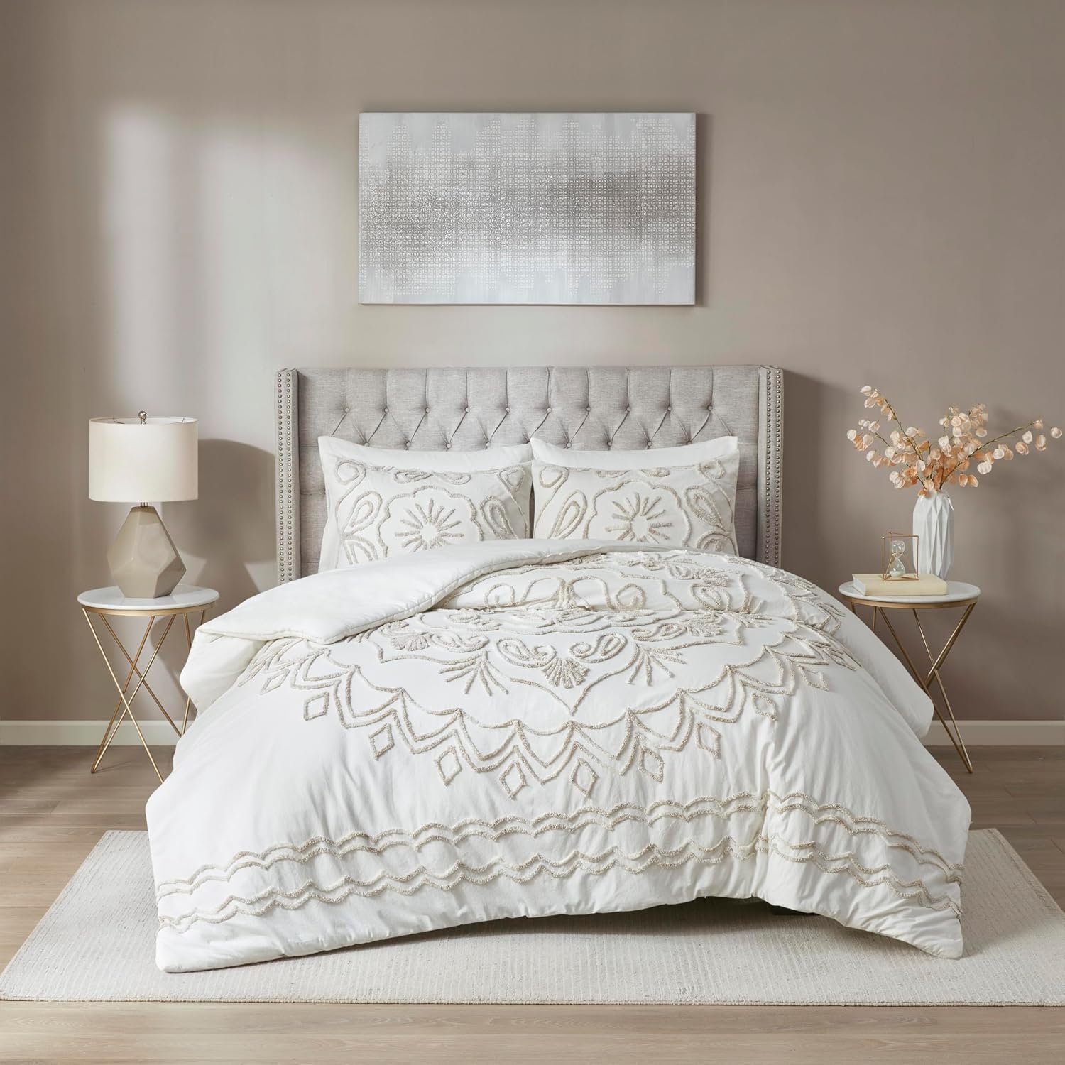Madison Park Cotton Chenille Tufted Ivory/Taupe Queen Duvet Cover Set, 3pc | Boho Bedding Set, Medallion, Modern, All-Season, Machine Washable, Easy Care, Cozy