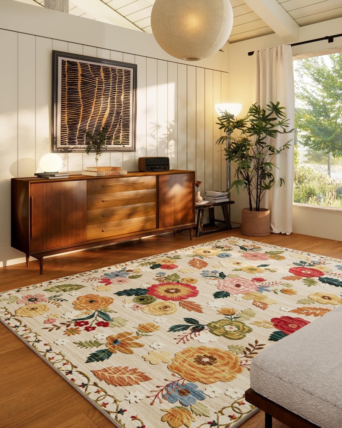5×7 Area Rugs for Living Room: Machine Washable Rug for Bedroom Non Slip Low Pile Soft Faux Wool Non Shedding Distressed Vintage Floral Carpet for Dining Room Kitchen Entryway Farmhouse Office Indoor