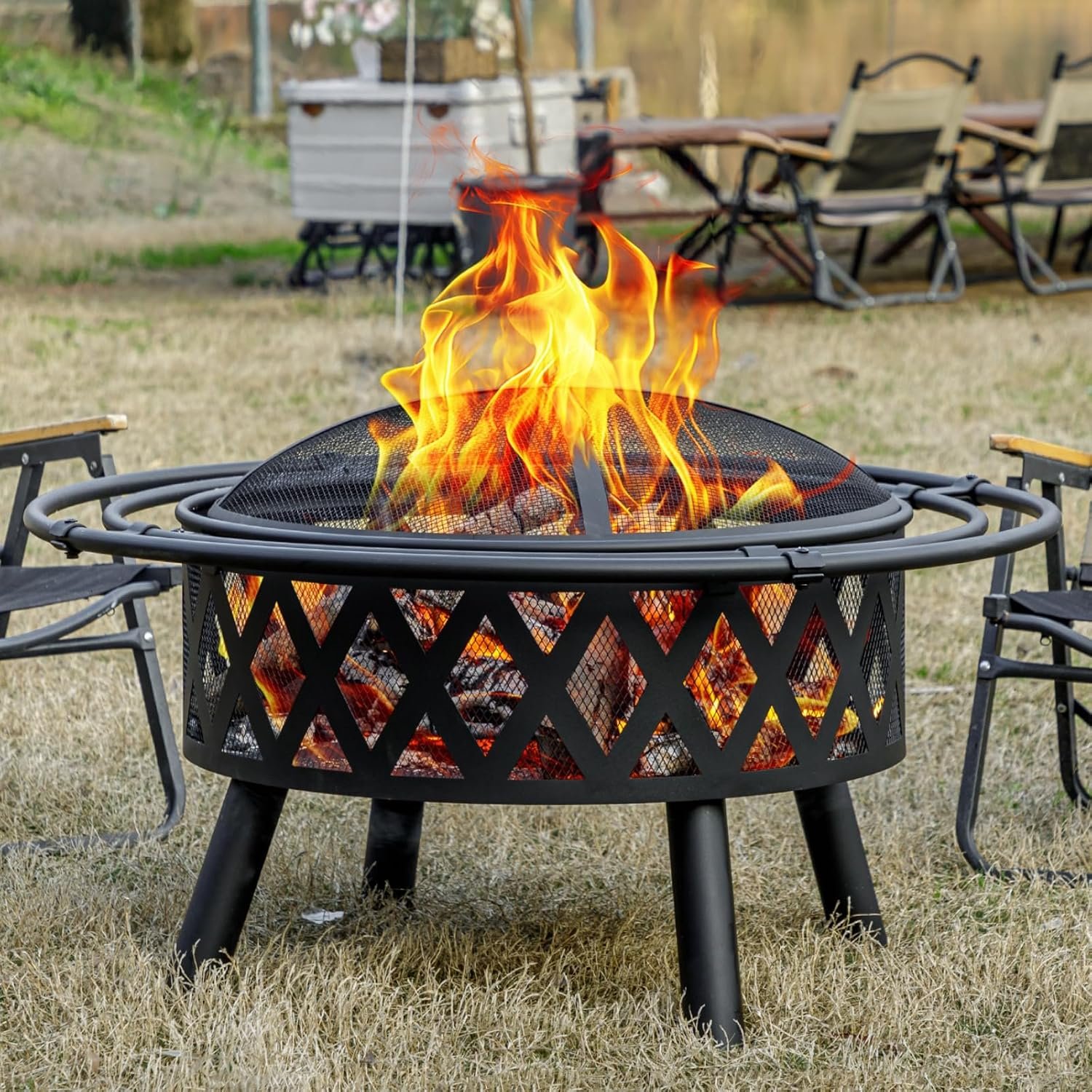 EcoNook 36 Inch Wood Burning Fire Pit with Spark Screen & Fire Poker | Outdoor Fire Pit with 2 Loops, Cross Weave Firepit for Outside, Fireplace Bonfire for Yard,Patio, Garden