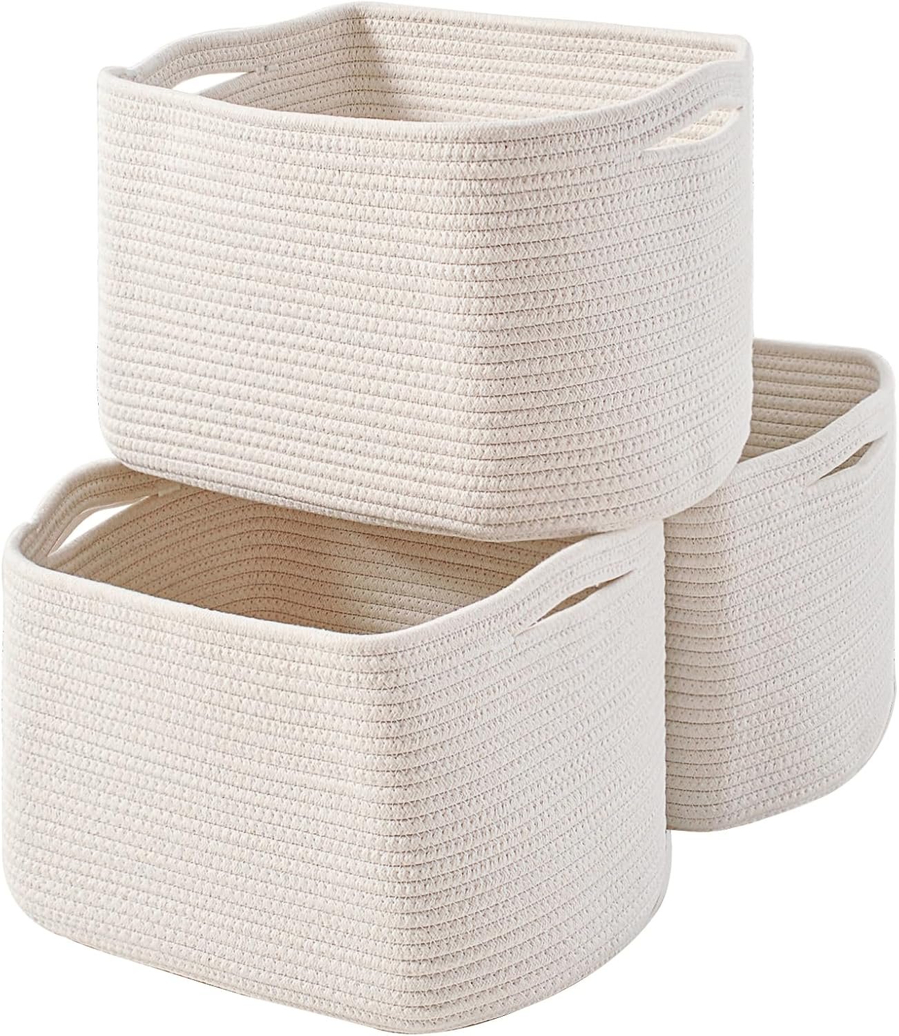 ICERZCZ Storage Baskets for Organizing Shelves 15x11x9.5 Off White 3 Packs | Woven Cotton Rope Bins for Baby Nursery Organization, Book Toy Towel Organizer, Living Room, Bedroom, Bathroom, Kid’s Room