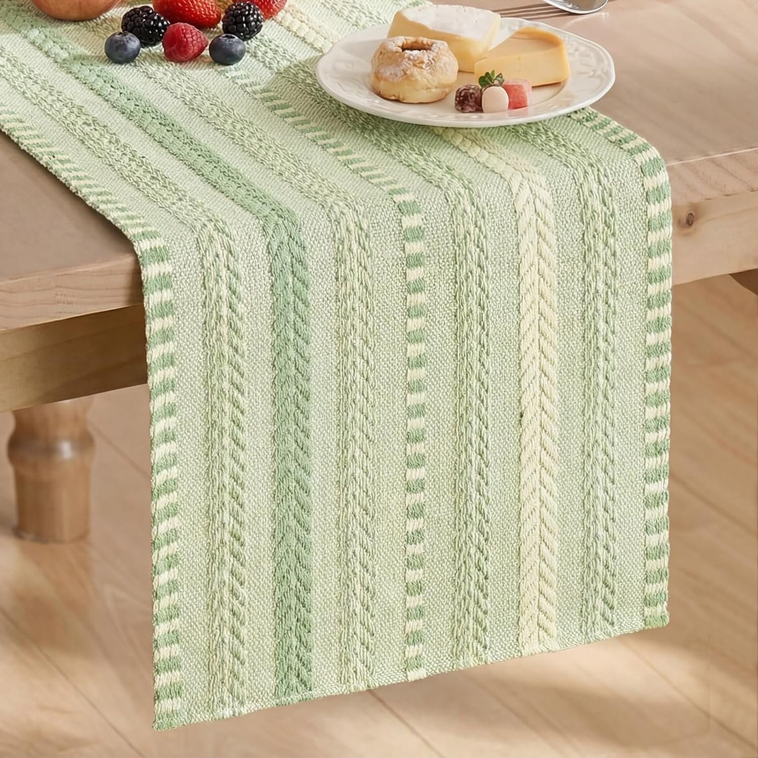 Artoid Mode Sage Green Farmhouse Stripe Braided Table Runner 12×72 Inch | Holiday Rustic Kitchen Dining Dresser Coffee Table Decoration for Home Party Decor, Spring Macrame Cotton Blend