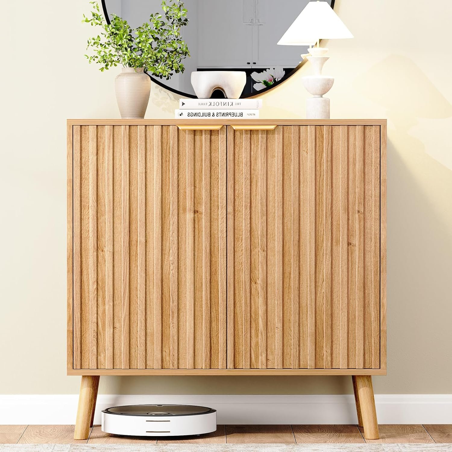 Fluted Storage Cabinet, Buffet Cabinet with Storage, Wood Sideboard with Adjustable Shelf, Modern Accent Cabinet & Console Table for Entryway, Living Room, Dining Room, Natural