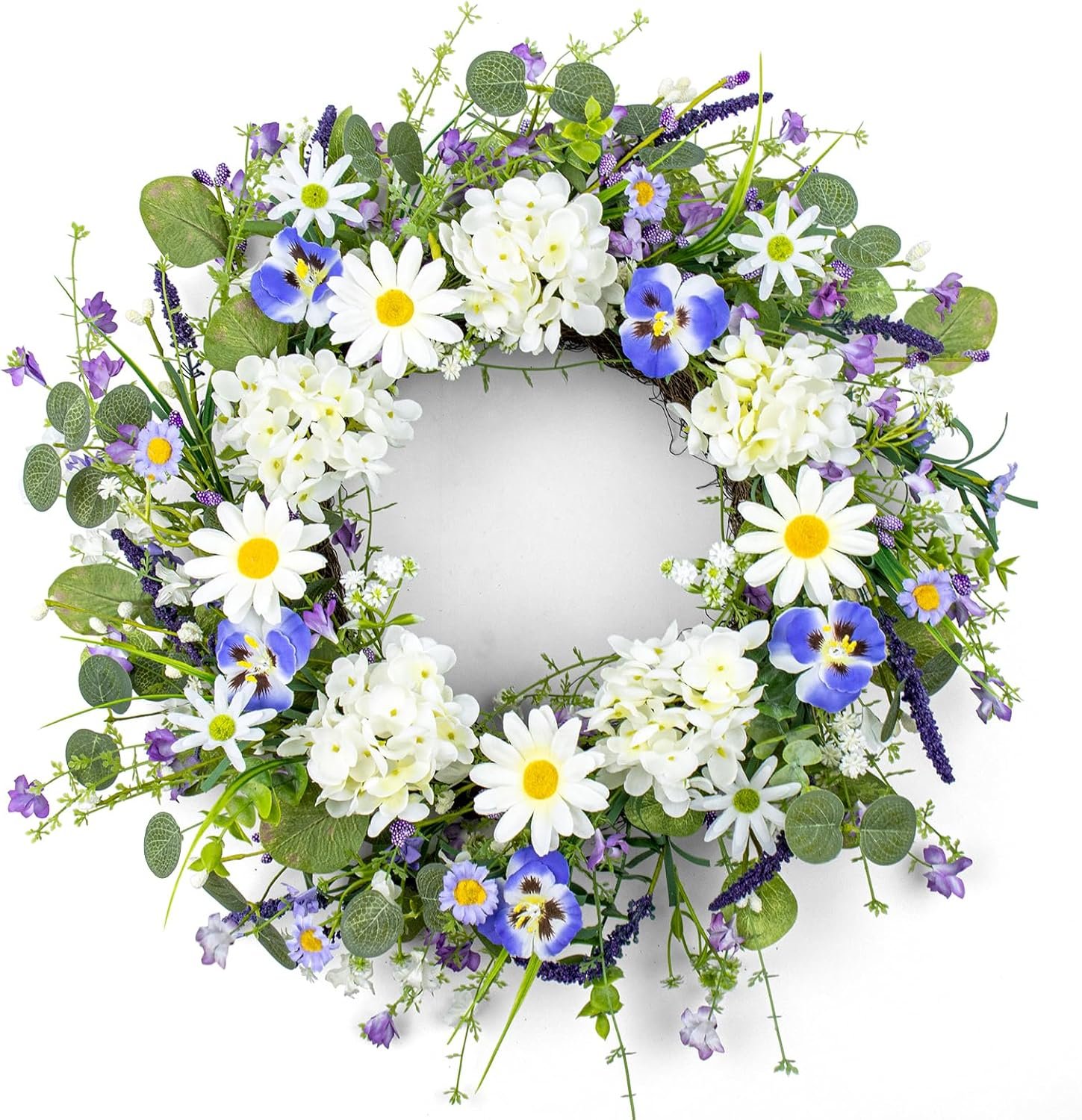22 Inches Summer Wreaths for Front Door Spring Flower Wreath Farmhouse Spring Floral Wreaths Country Summer Door Wreath with Phalaenopsis Orchid Hydrangea Sunflower for Window Wall Porch Decoration