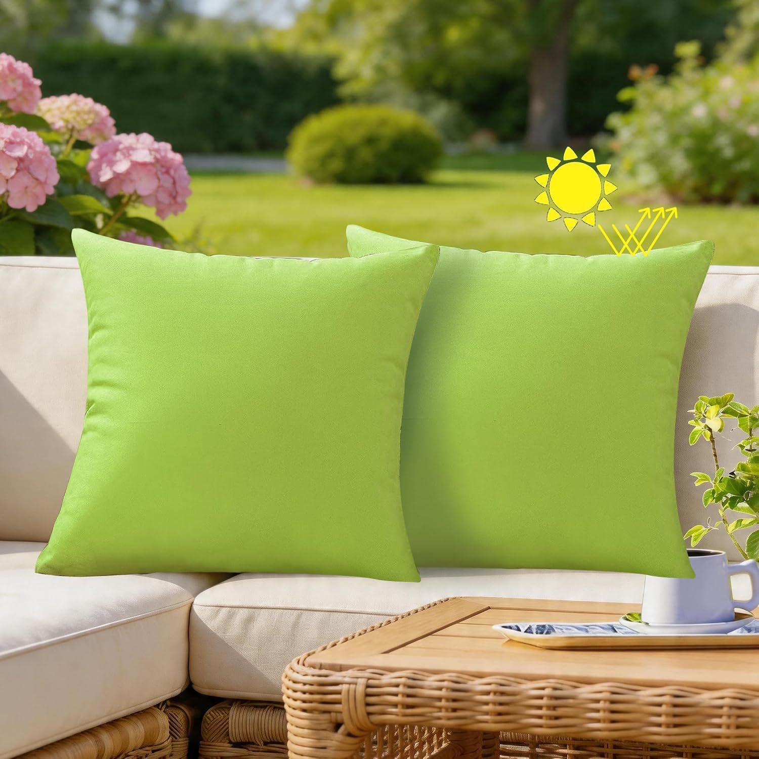 VAKADO Green Waterproof Outdoor Throw Pillow Covers 18×18 Set of 2 UV Fade | Soft polyester, hidden zipper. Fade resistant, patio porch garden furniture. Machine washable, all-season durability.