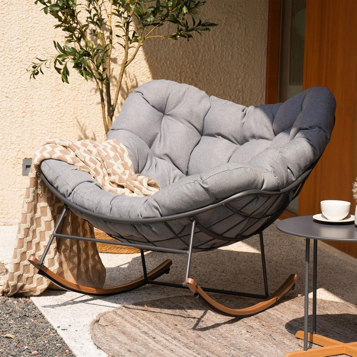 Grand patio Outdoor Papasan Rocking Chair with Thick Cushion, Grey | Oversized Modern Cozy Lounge Rocker Chair Steel Frame with Cushion for Balcony Porch Patio