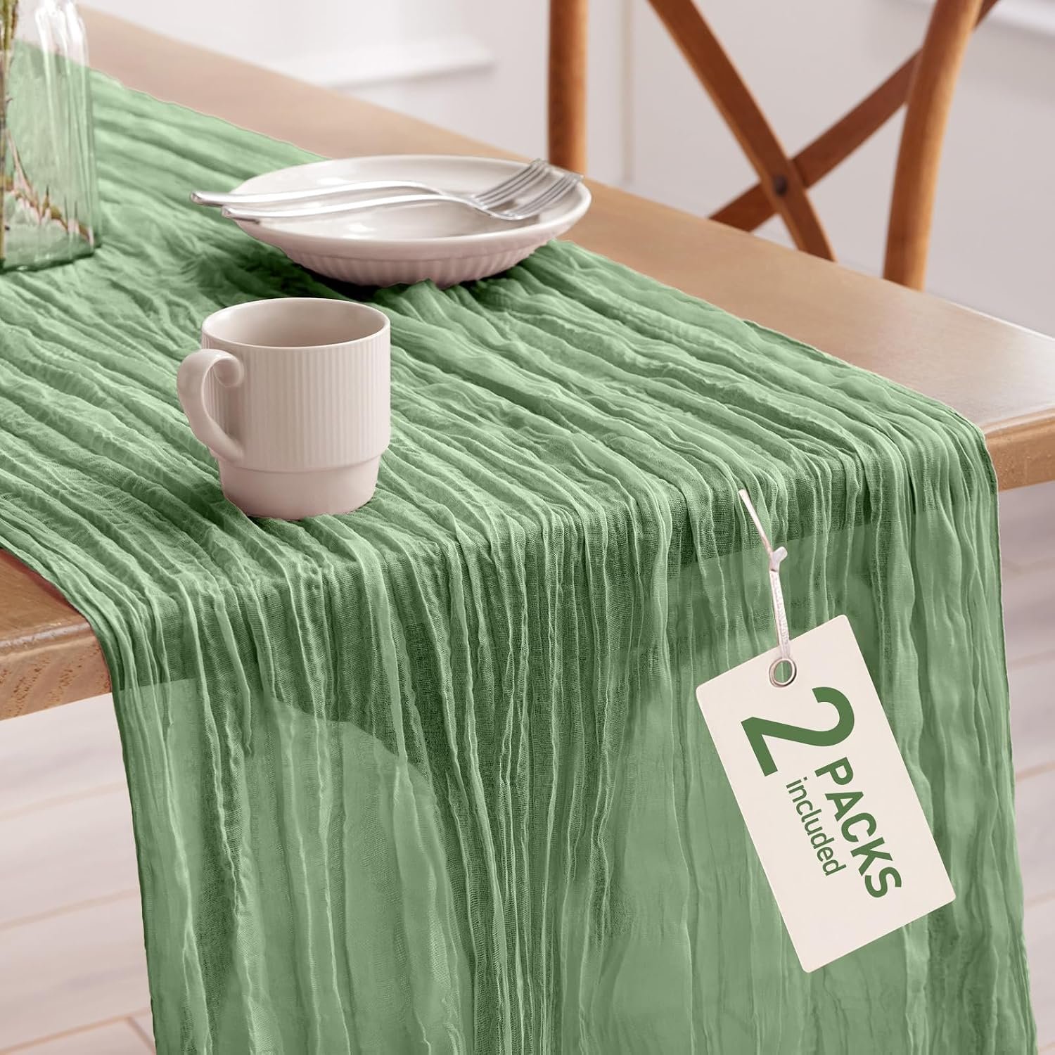 Pureegg 2-Pack Cheesecloth Table Runner, 120” Easter Spring Boho Gauze Table Runner Decorations for Party, Baby Shower, Wedding and Farmhouse, Fabric Room Decor, Sage Green