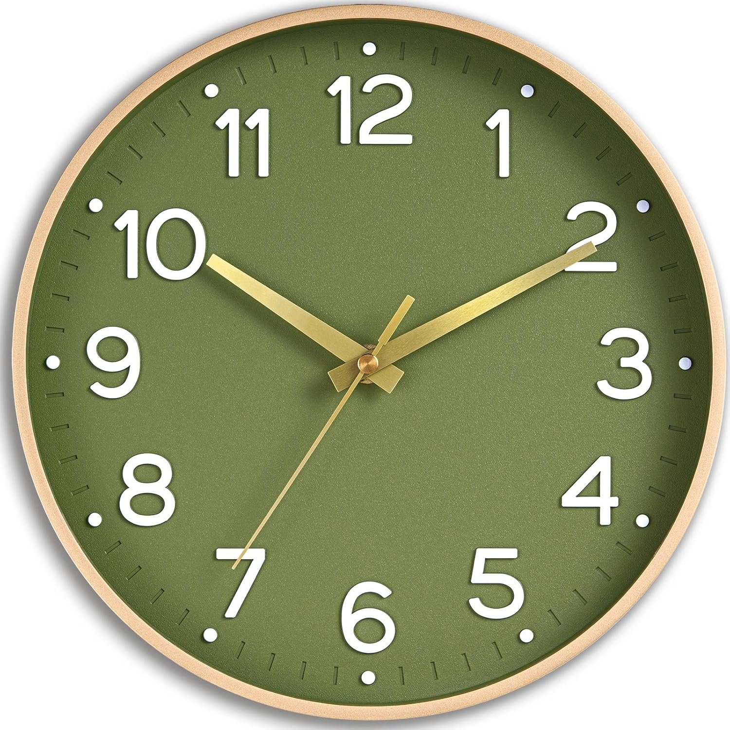 Roymnie 14 Inch Wall Clock Battery Operated Silent Non Ticking Green Analog | Green & gold modern analog; large 3D easy-read dial for kitchen, office, bathroom & bedroom; 1 AA battery (not included)