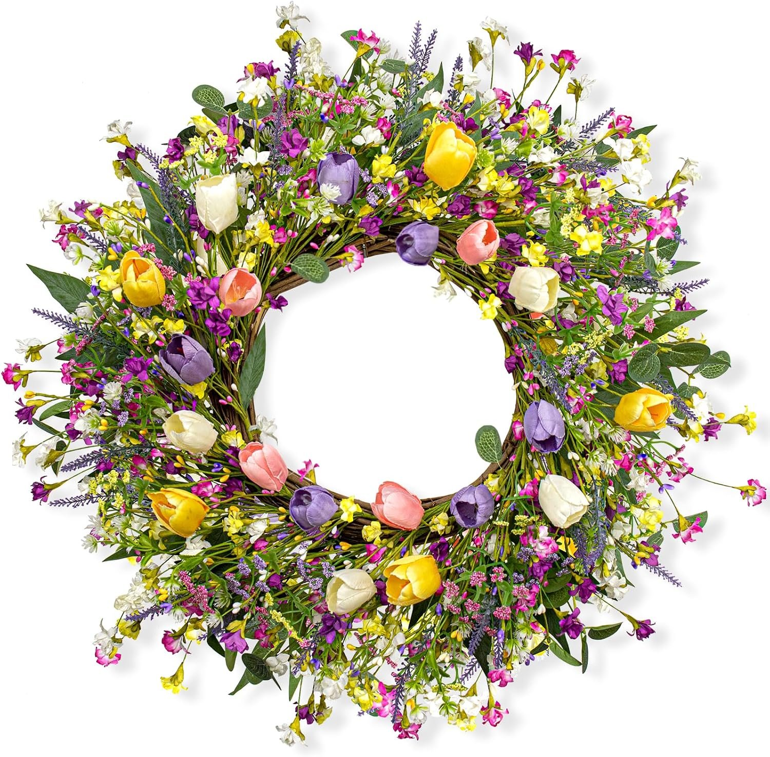 22 Inches Spring Wreaths for Front Door Rustic Summer Door Wreath Colorful Spring Floral Wreaths Farmhouse Summer Tulip Wreath for Window Front Porch Home Indoor Inside Outside Decoration
