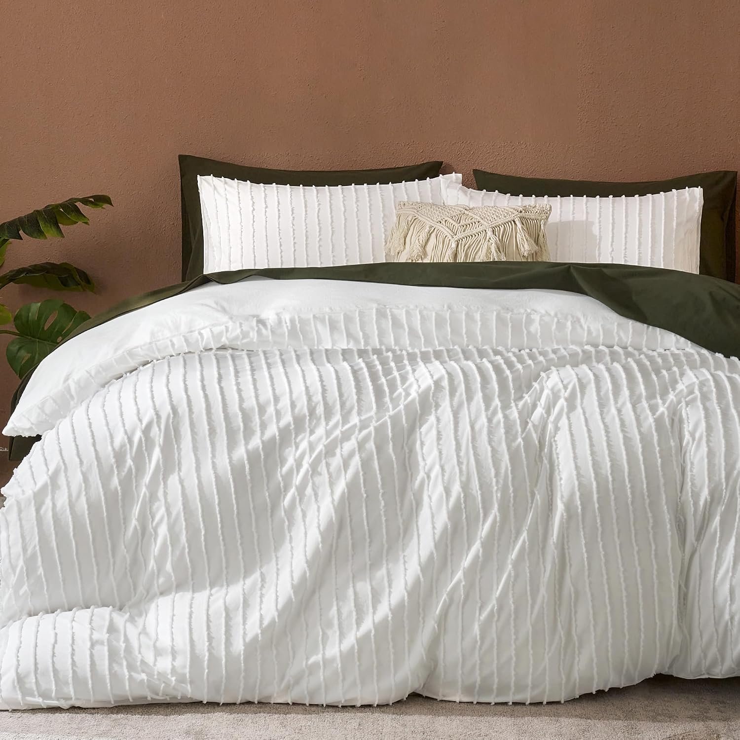 JELLYMONI White Striped Tufted Duvet Cover Set Queen Size | Soft Breathable, Cotton-Like Feel, Storage Bag, 8 Corner Ties & Hidden Zipper, Oeko-Tex Certified