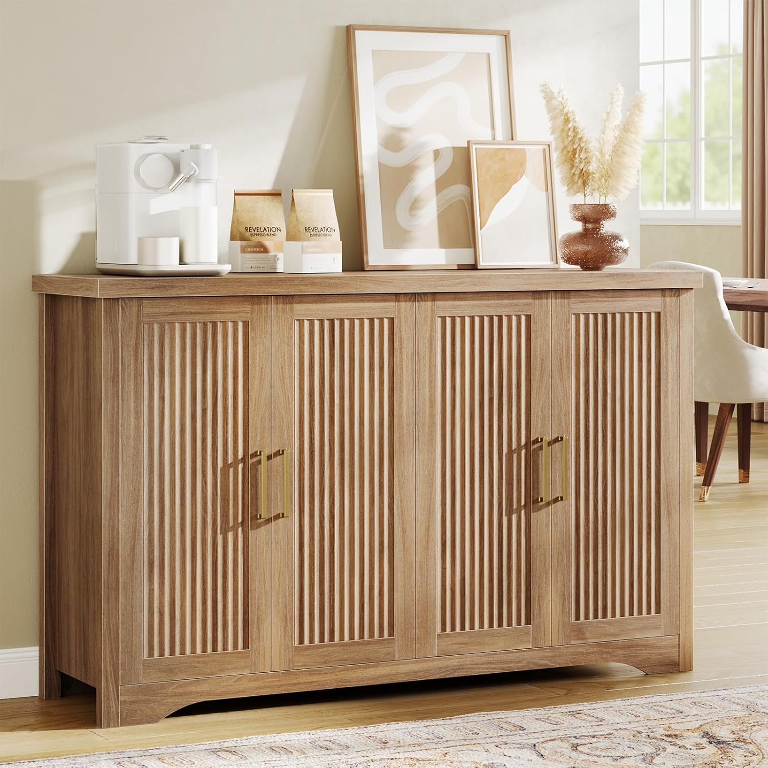 55″ Fluted Sideboard Buffet Cabinet with Storage,Natural Oak | Modern Credenza with 4 Doors & Adjustable Shelves,Coffee Bar Table Console for Dining Room Kitchen Living Room Entryway
