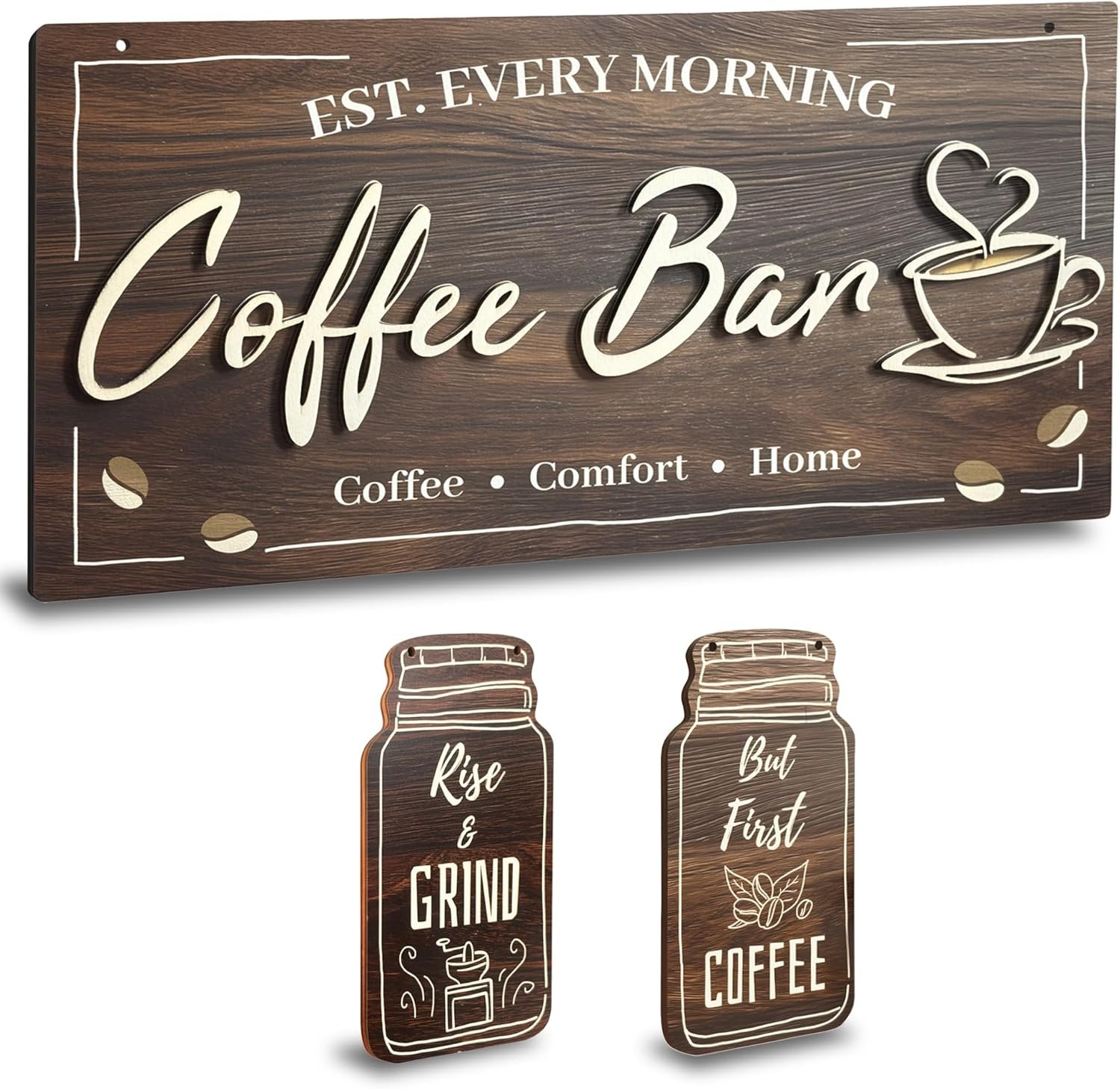 3 Piece Coffee Bar Decor Signs, Rustic Farmhouse Kitchen Wall Art with 3D Layered Wood Design, Themed Set for Coffee Station Accessories & Nook Decoration